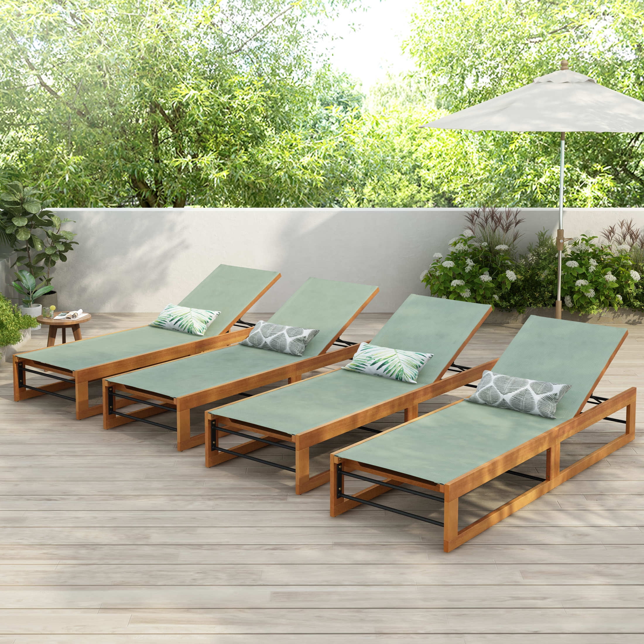 Christopher Knight Home 78.75" Outdoor Chaise Lounge, Teak Finish Wood Frame with Mint Green Mesh Seating, Set of 4