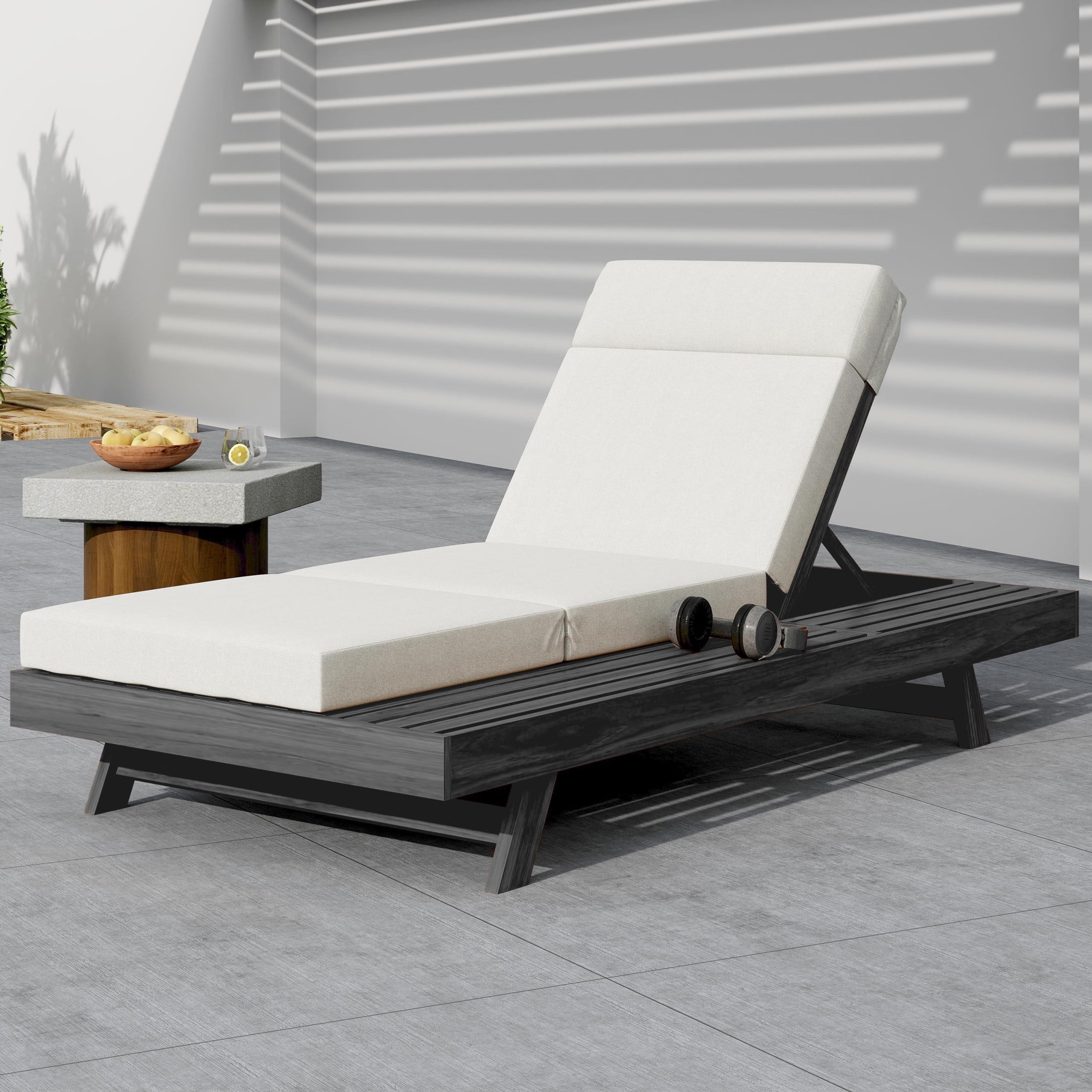 Christopher Knight Home 79" Adjustable Outdoor Chaise Lounge with Headrest Cushion, Black+Cream