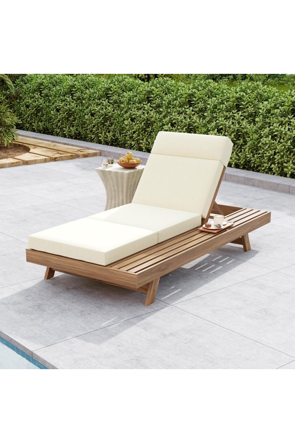 79" Adjustable Outdoor Chaise Lounge with Headrest Cushion, Light Brown+Beige