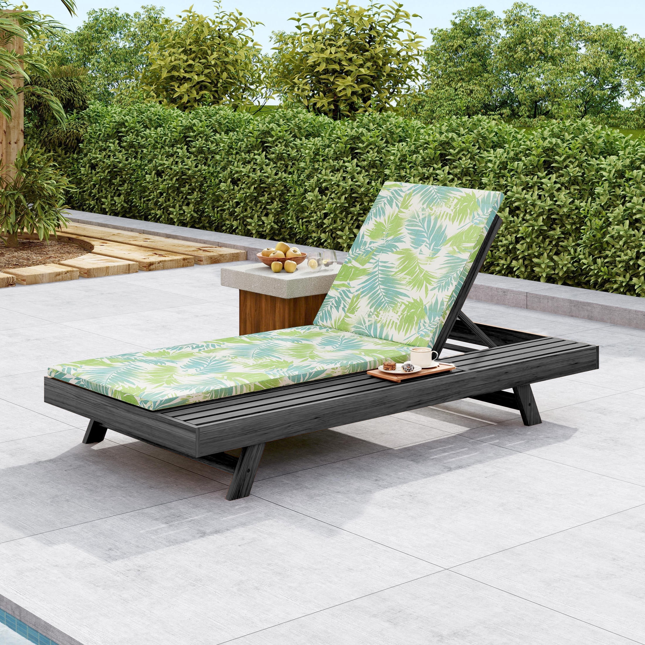 Christopher Knight Home 79" Adjustable Outdoor Chaise Lounge with Water-Resistant Cushion, Black+Green Leaf