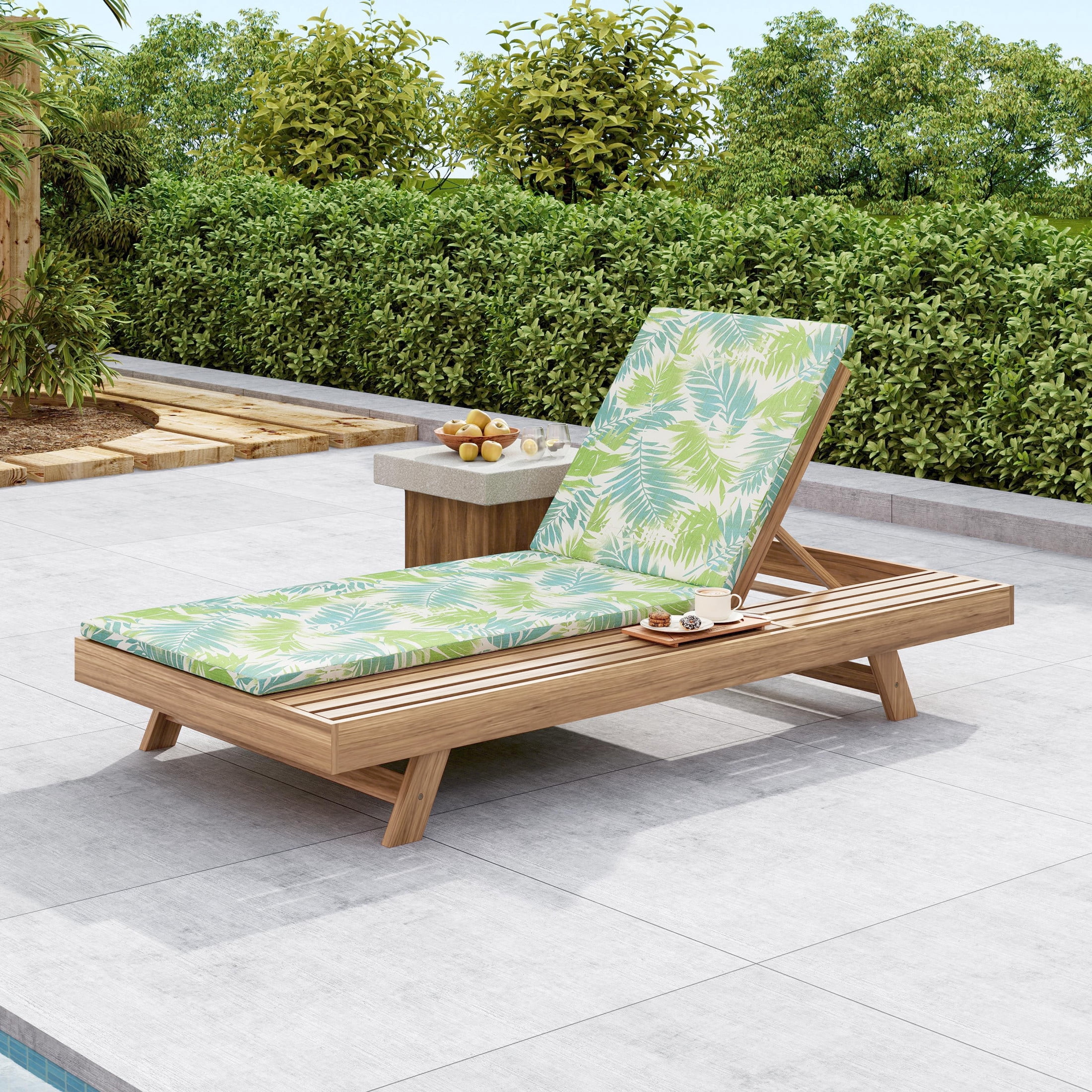 Christopher Knight Home 79" Adjustable Outdoor Chaise Lounge with Water-Resistant Cushion, Light Brown+Green Leaf