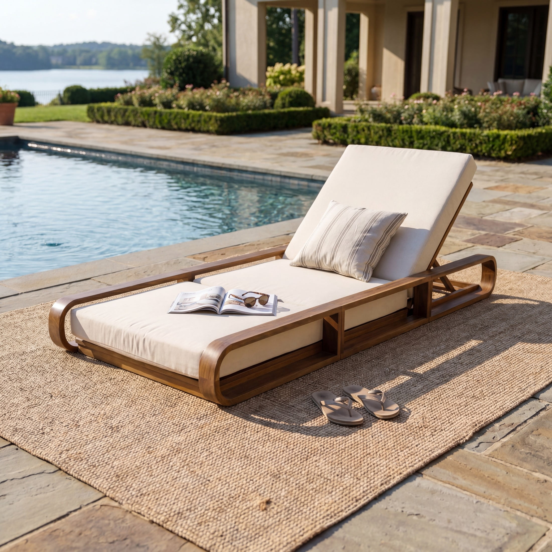 Christopher Knight Home 79" Outdoor Acacia Wood Chaise Lounge Set with 3-Fold Cream Cushion, Teak