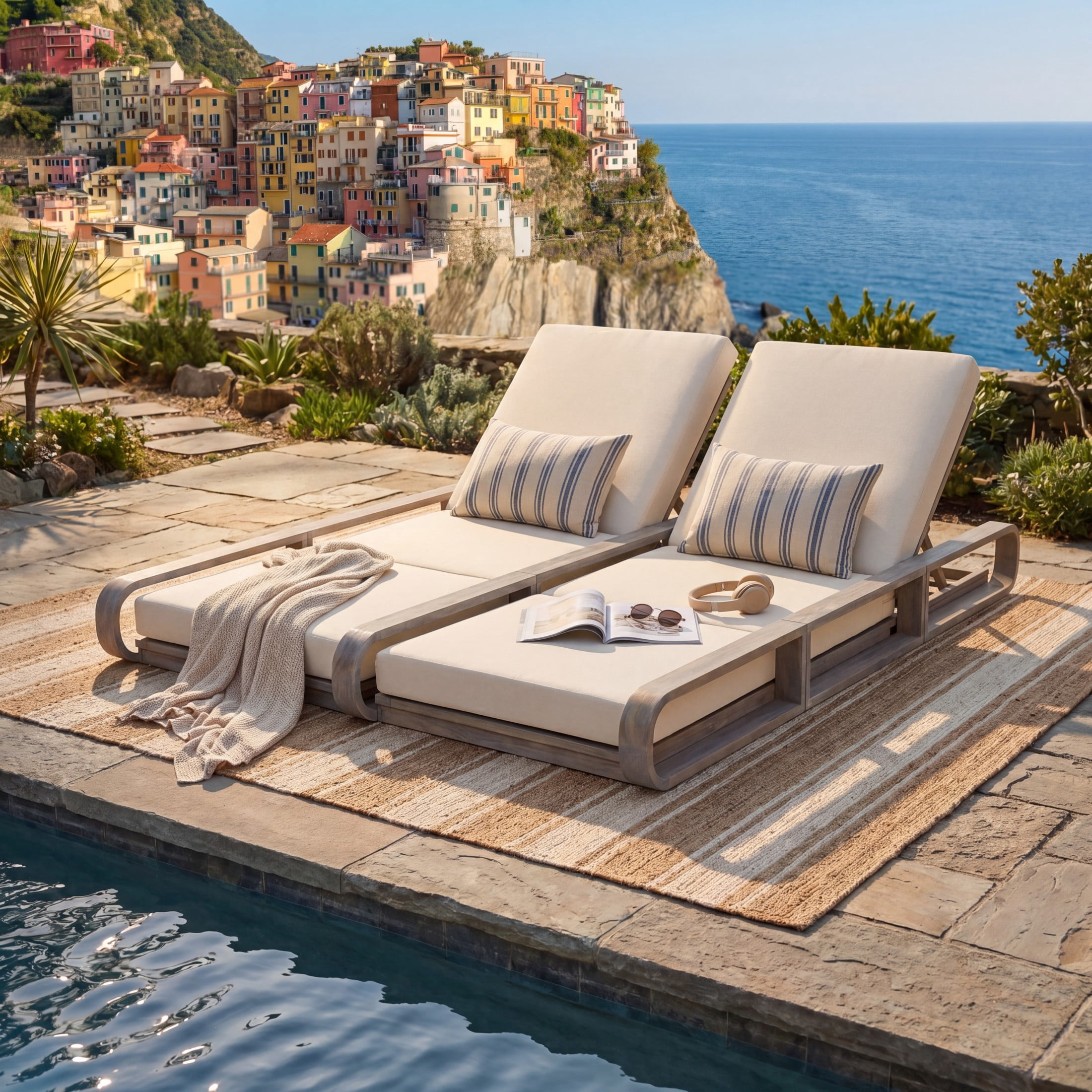 Christopher Knight Home 79" Outdoor Double Chaise Lounge Set with 3-Fold Cream Cushions, Light White