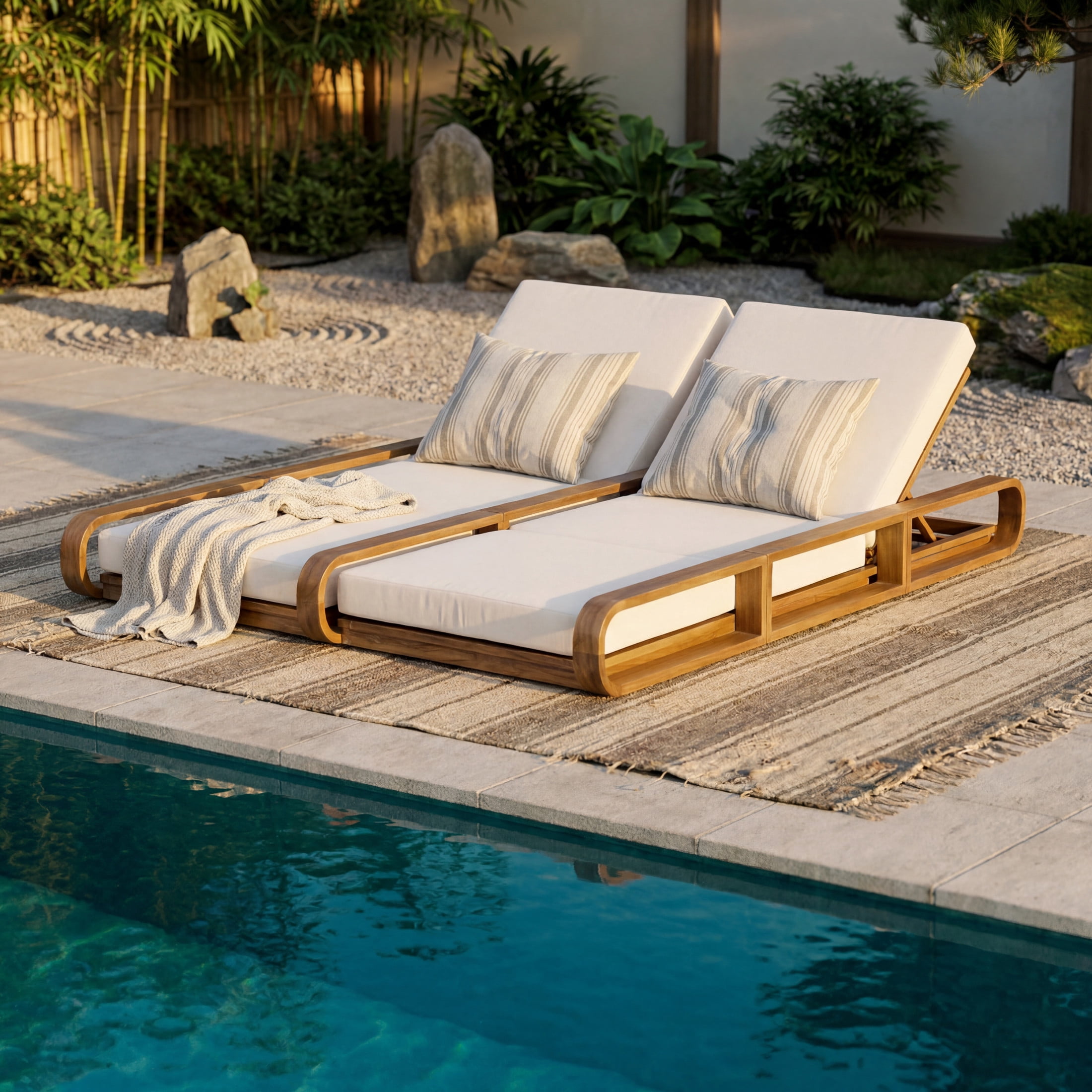 Christopher Knight Home 79" Outdoor Double Chaise Lounge Set with 3-Fold Cream Cushions, Teak