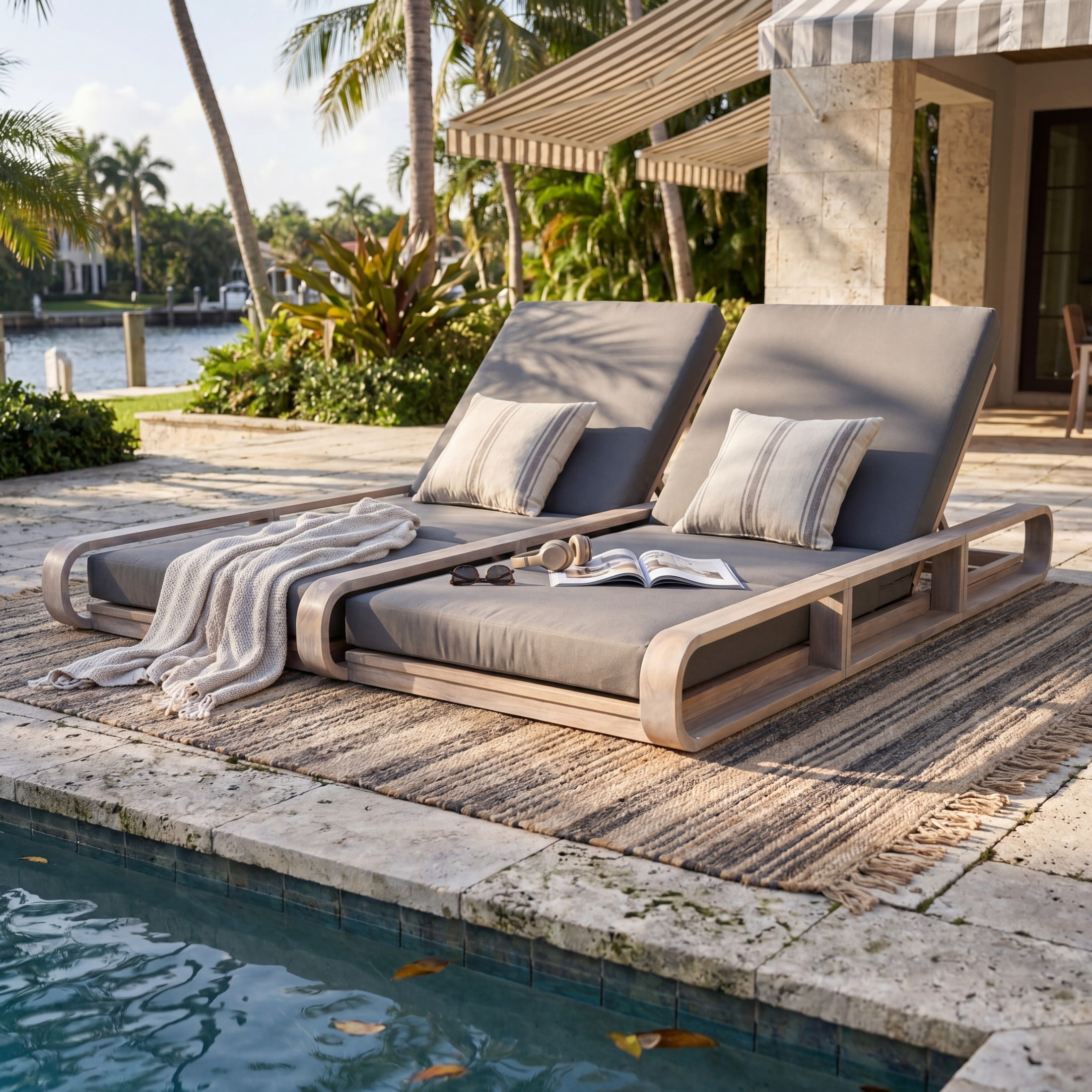 Christopher Knight Home 79" Outdoor Double Chaise Lounge Set with 3-Fold Dark Gray Cushions, Light White