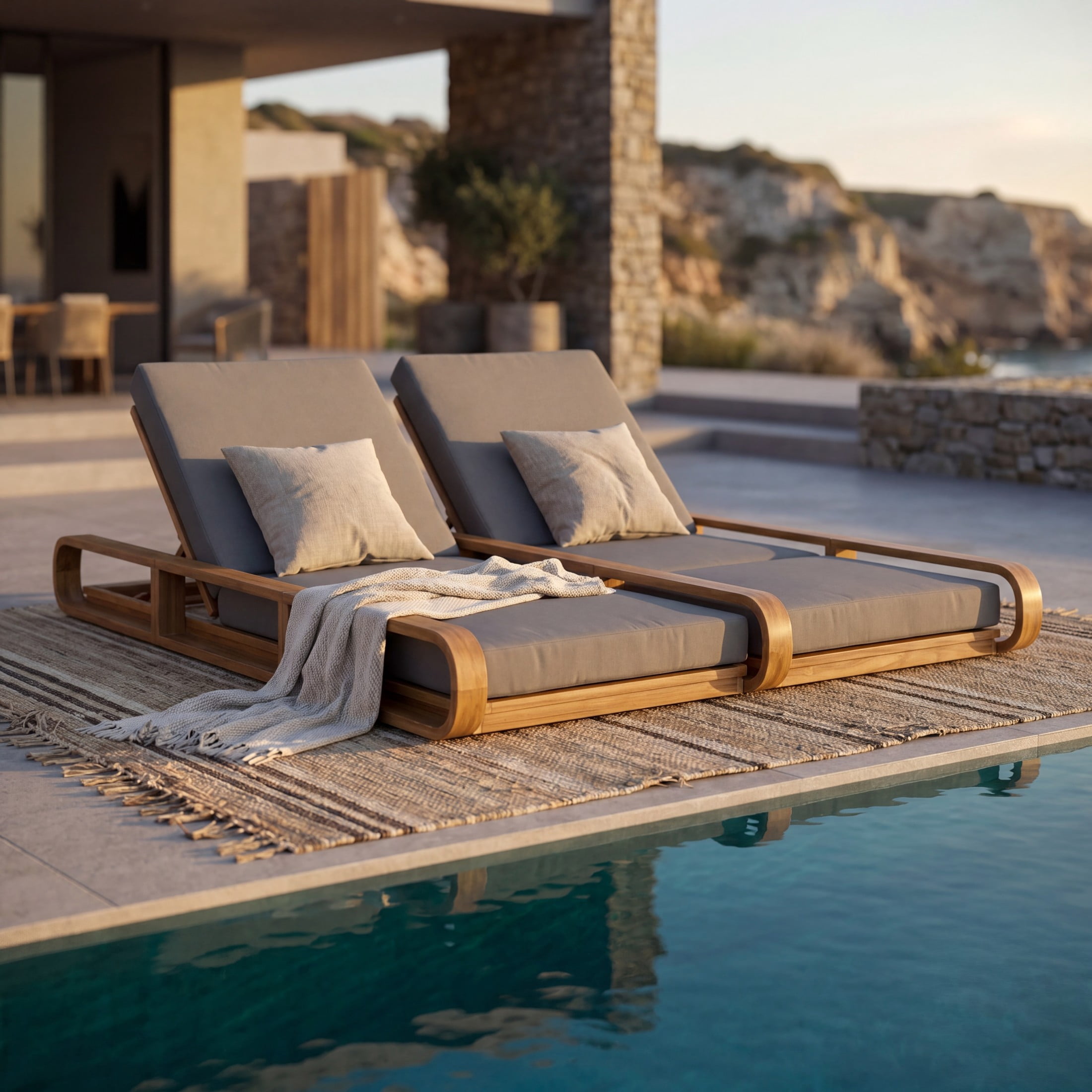 Christopher Knight Home 79" Outdoor Double Chaise Lounge Set with 3-Fold Dark Gray Cushions, Teak