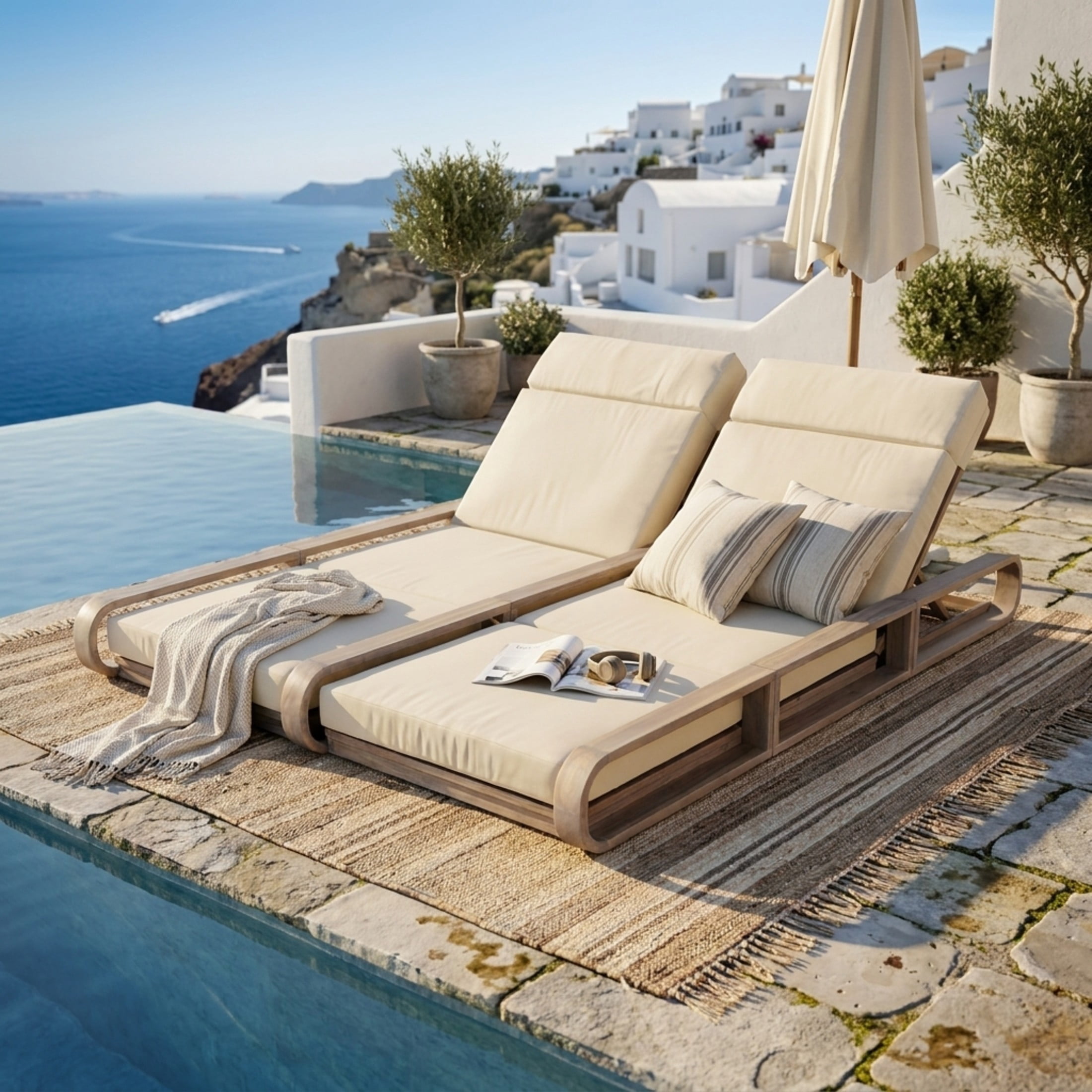 Christopher Knight Home 79" Outdoor Double Chaise Lounge Set with 4-Fold Beige Cushions, Light White