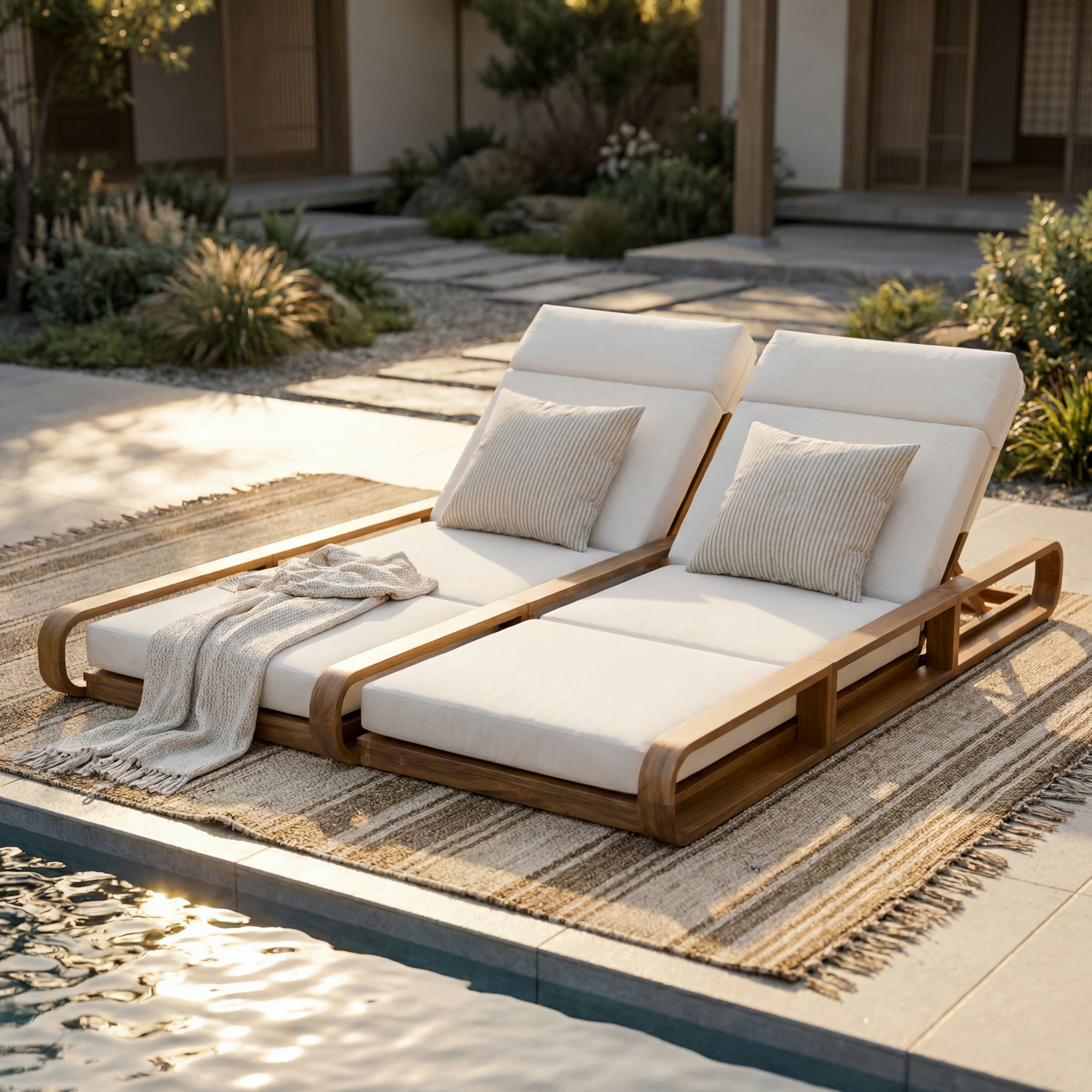 Christopher Knight Home 79" Outdoor Double Chaise Lounge Set with 4-Fold Beige Cushions, Teak