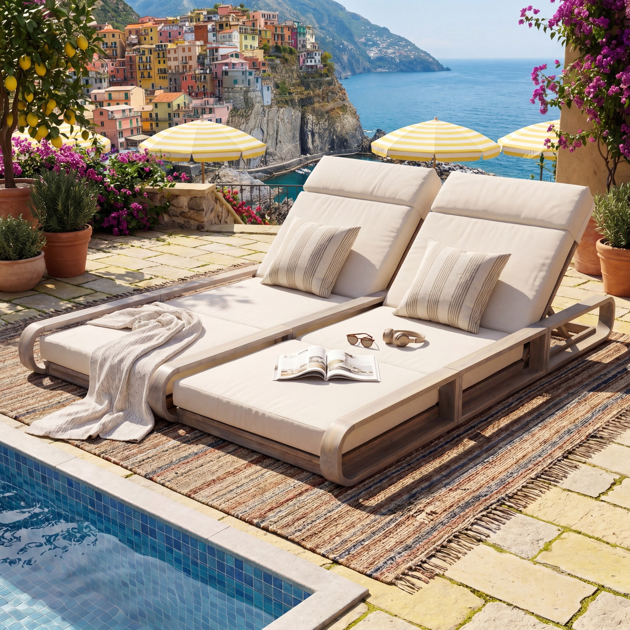 Christopher Knight Home 79" Outdoor Double Chaise Lounge Set with 4-Fold Cream Cushions, Light White
