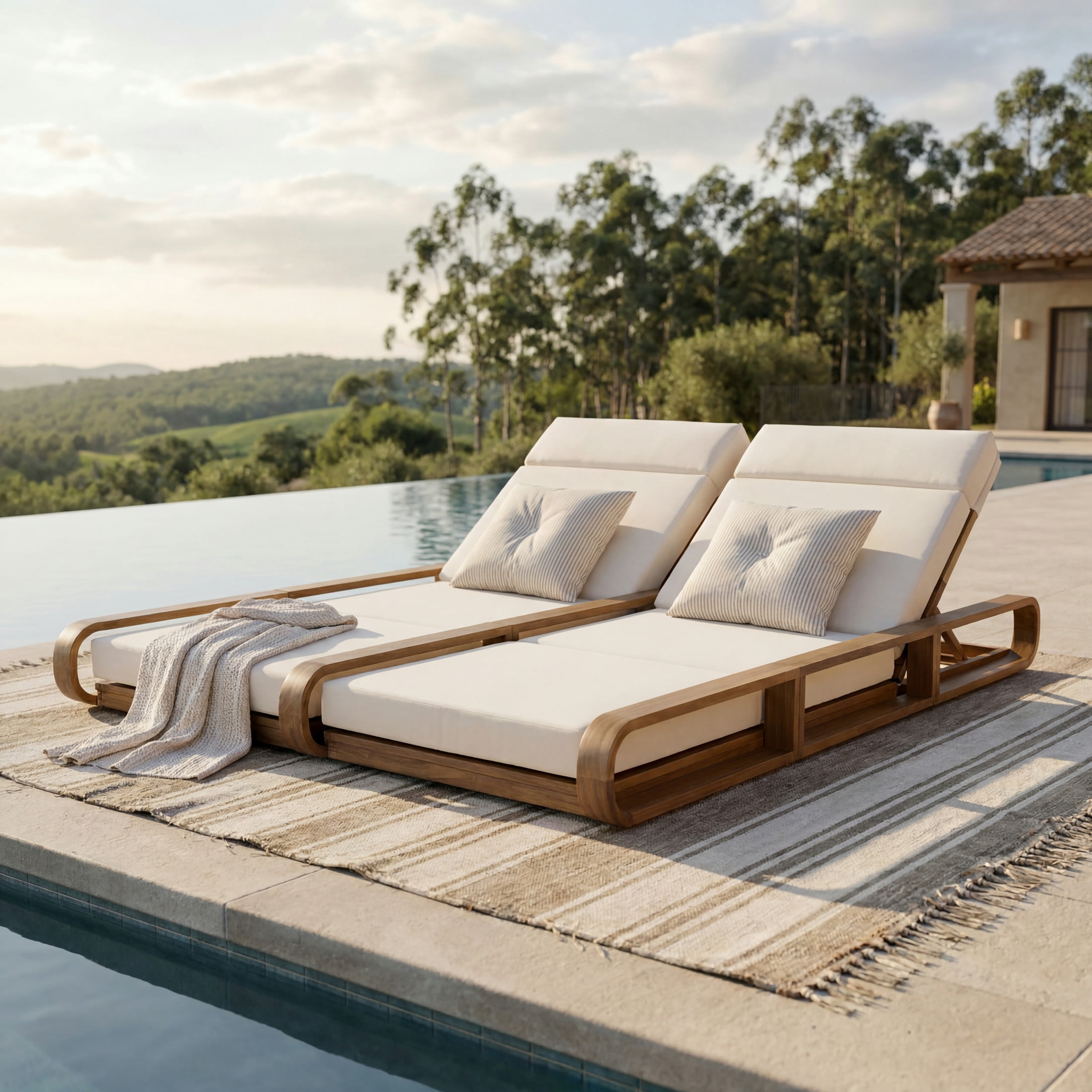 Christopher Knight Home 79" Outdoor Double Chaise Lounge Set with 4-Fold Cream Cushions, Teak