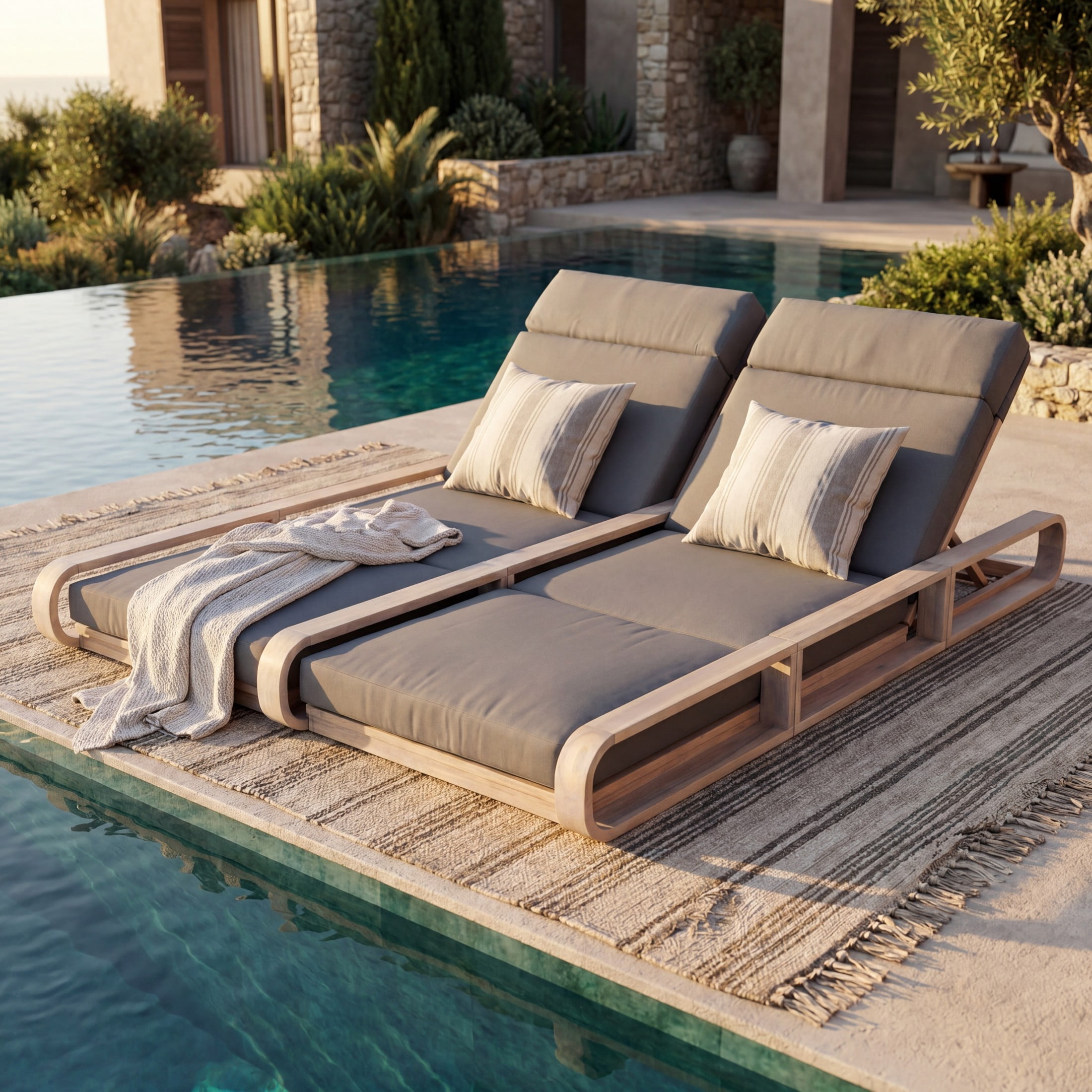 Christopher Knight Home 79" Outdoor Double Chaise Lounge Set with 4-Fold Dark Gray Cushions, Light White