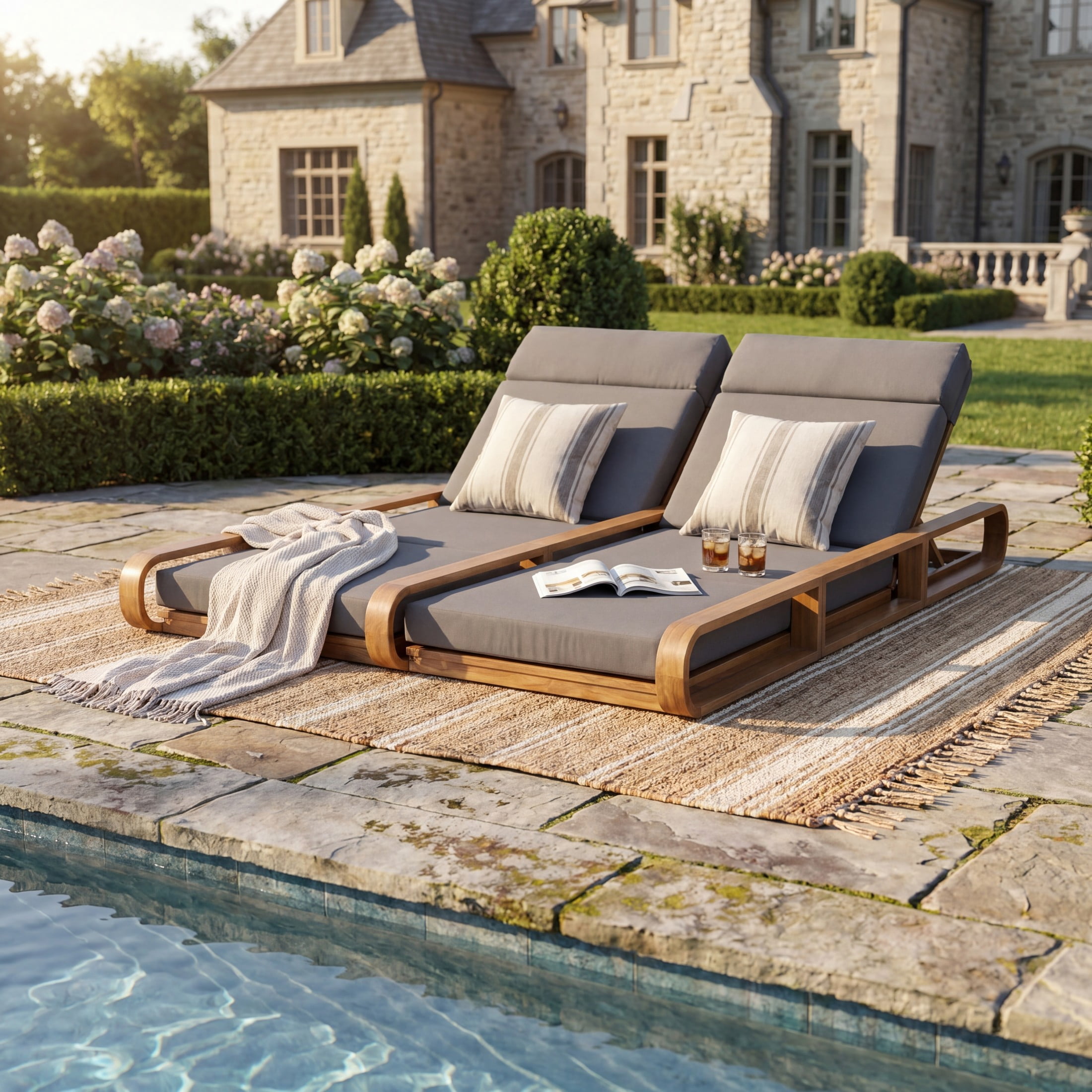 Christopher Knight Home 79" Outdoor Double Chaise Lounge Set with 4-Fold Dark Gray Cushions, Teak
