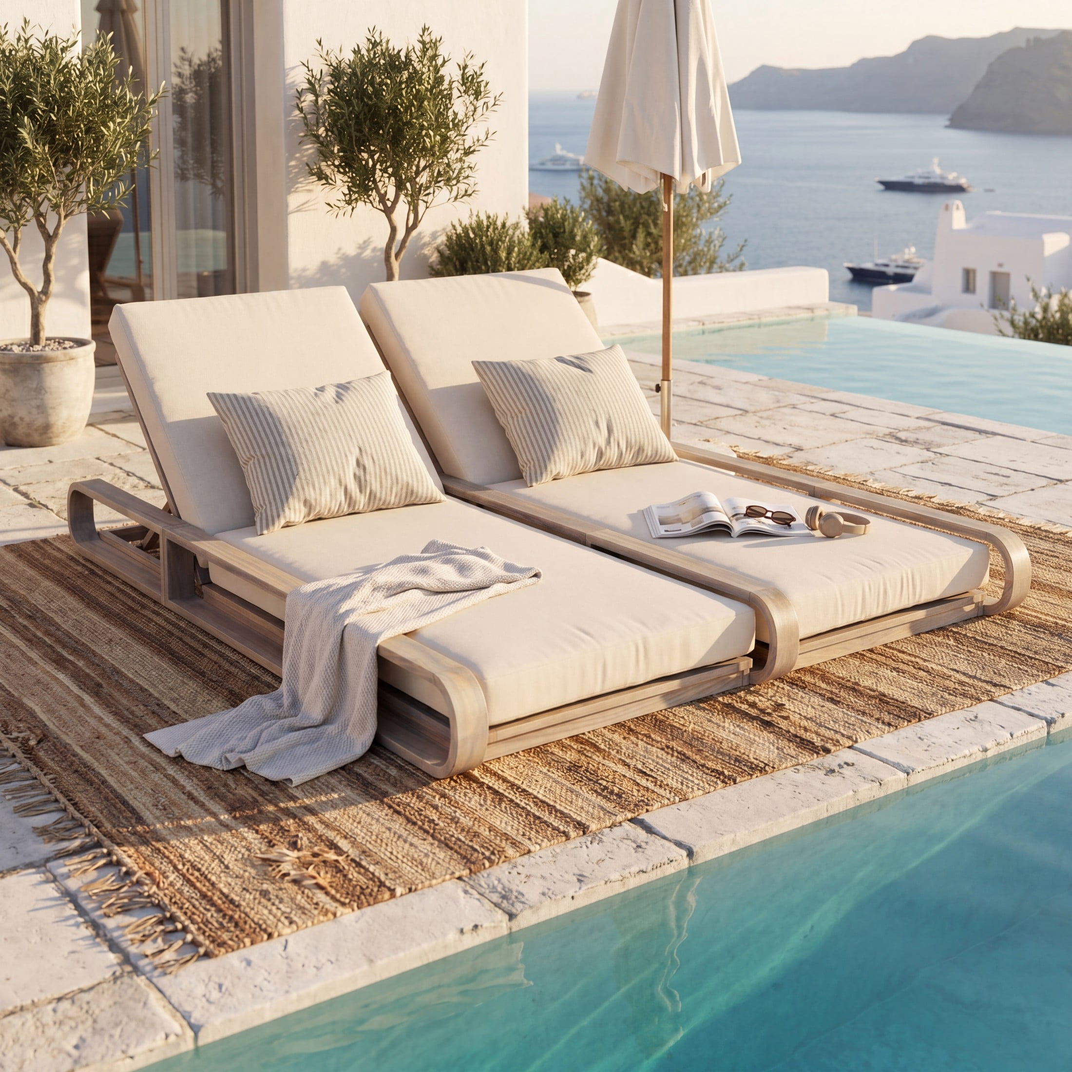Christopher Knight Home 79" Outdoor Double Chaise Lounge Set with Cream Cushions, Light White