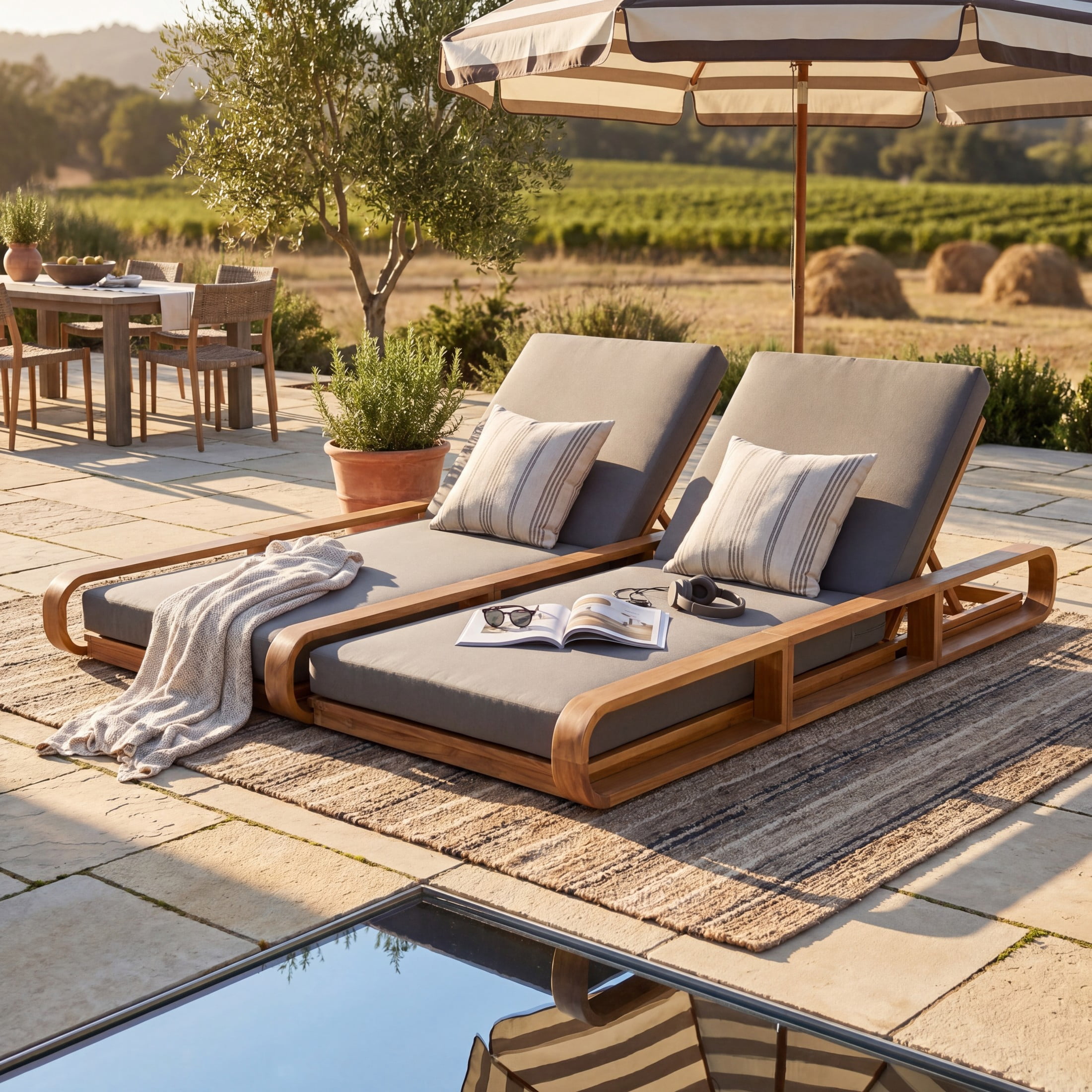 Christopher Knight Home 79" Outdoor Double Chaise Lounge Set with Dark Gray Cushions, Teak