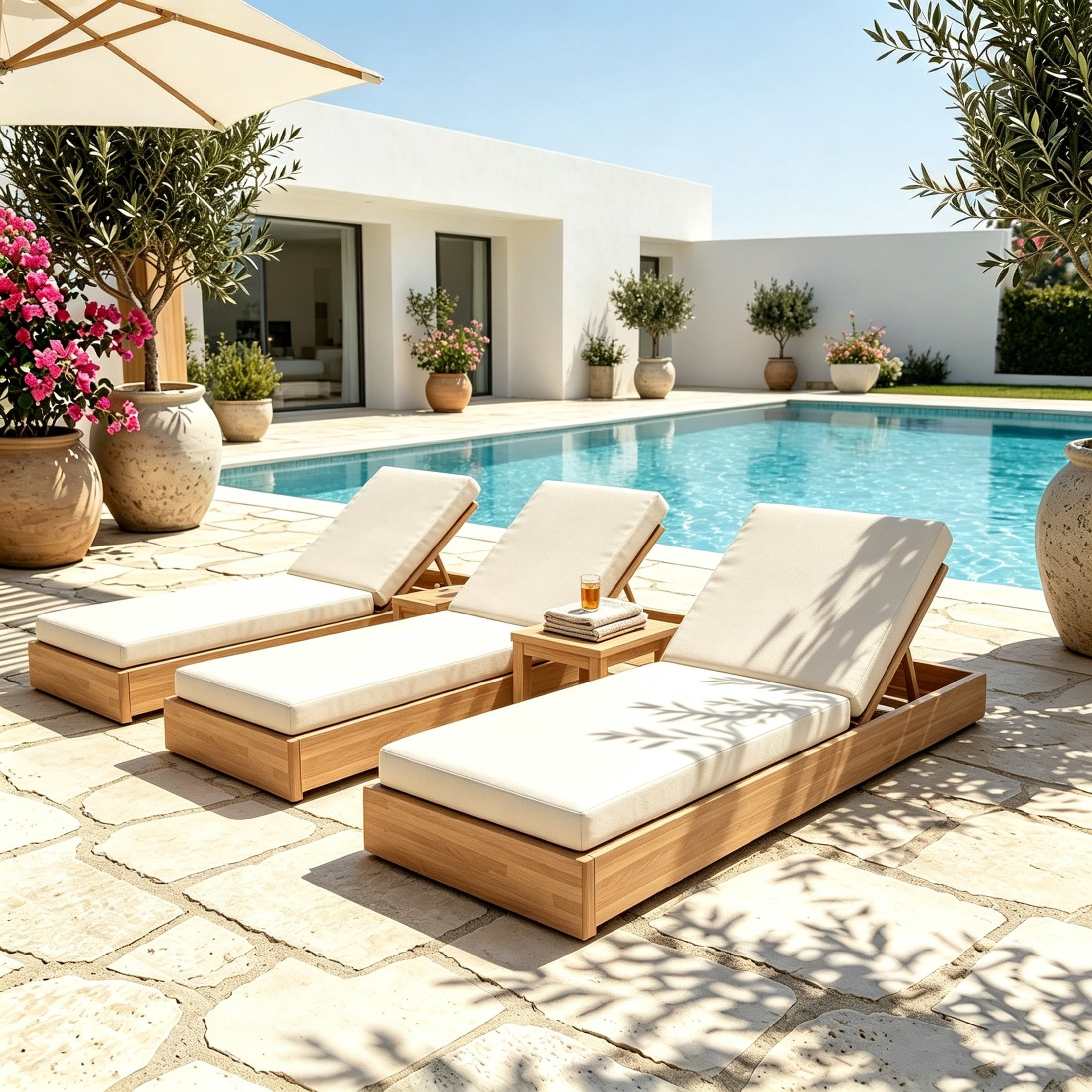 Christopher Knight Home 79" Outdoor Wood Chaise Lounge with Cushion, Adjustable 5-Position, Light Teak, Set of 3