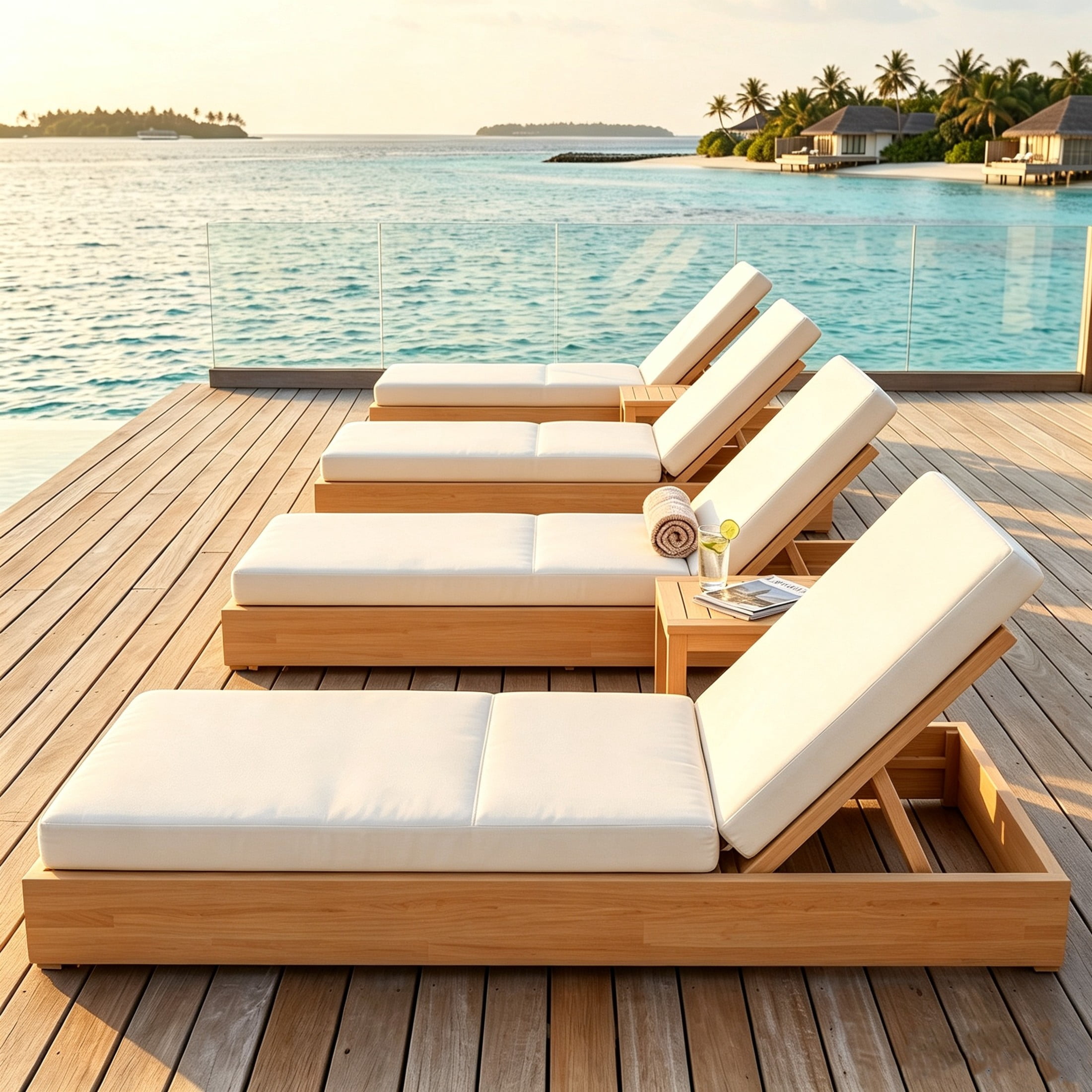 Christopher Knight Home 79" Outdoor Wood Chaise Lounge with Cushion, Adjustable 5-Position, Light Teak, Set of 4