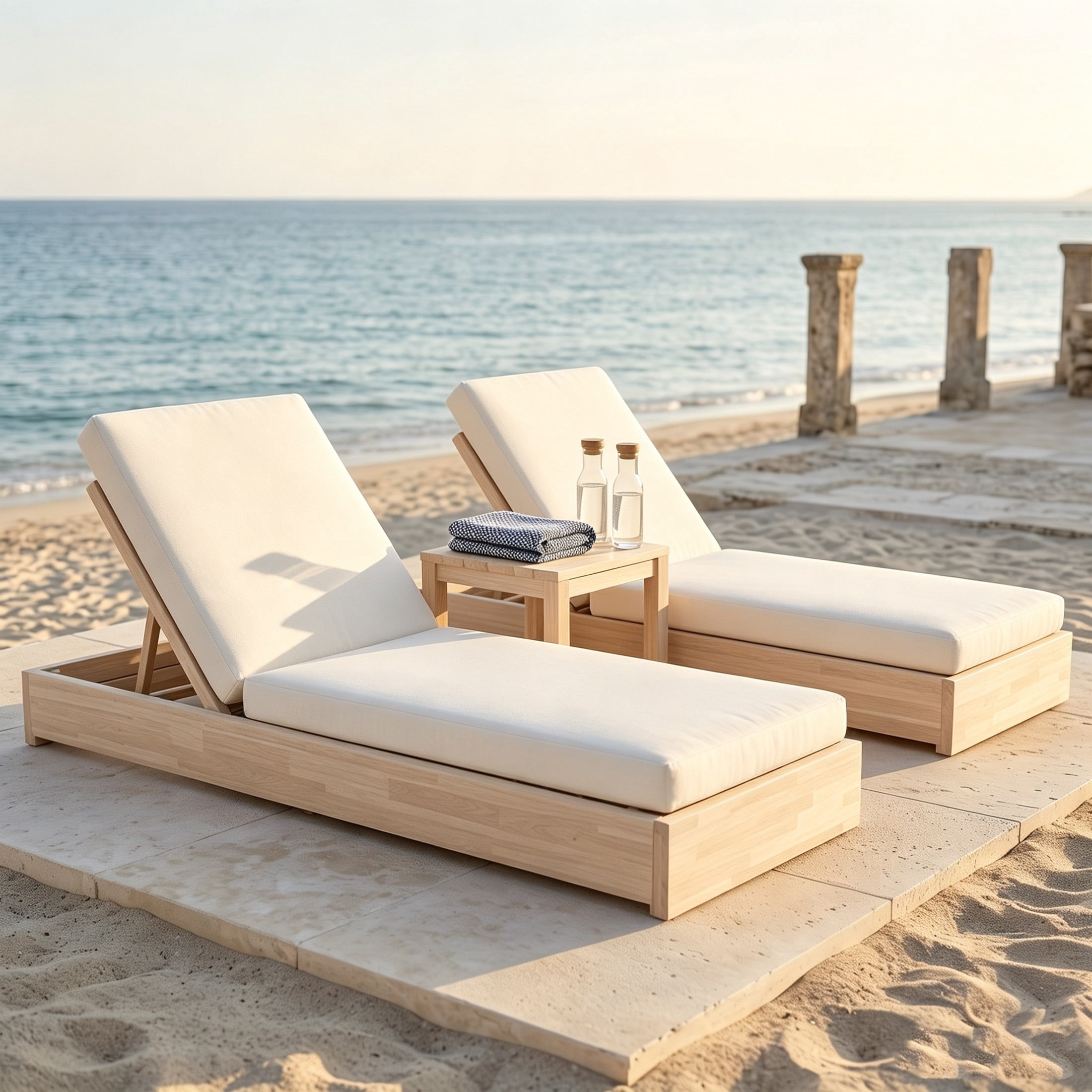 Christopher Knight Home 79" Outdoor Wood Chaise Lounge with Cushion, Adjustable 5-Position, Sand, Set of 2