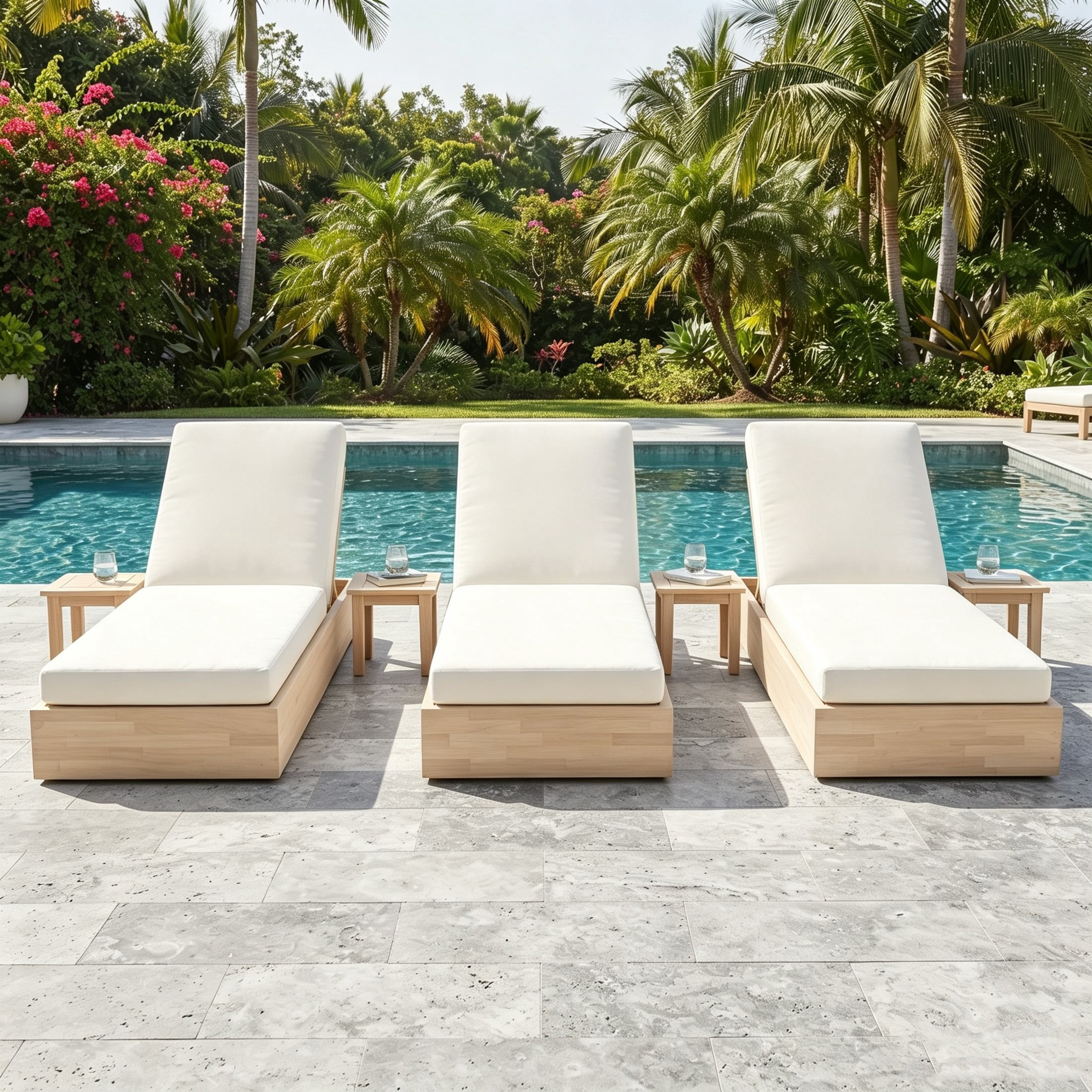 Christopher Knight Home 79" Outdoor Wood Chaise Lounge with Cushion, Adjustable 5-Position, Sand, Set of 3