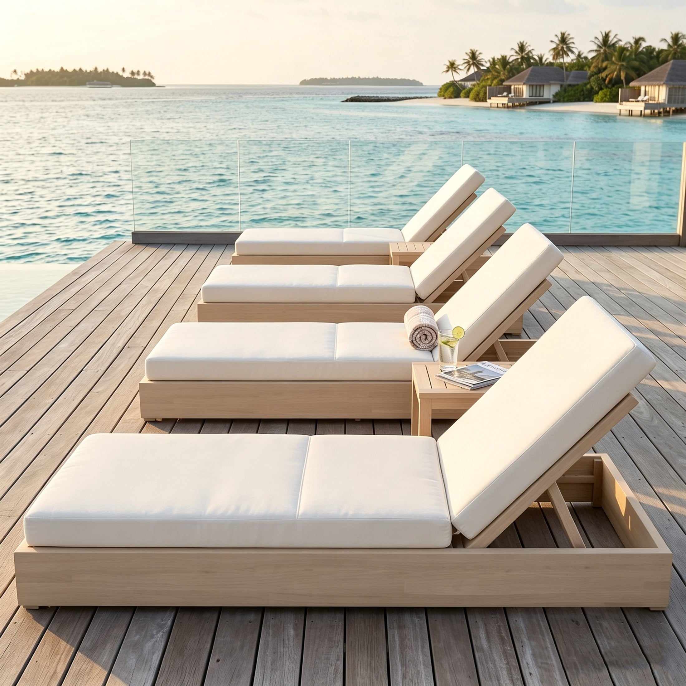 Christopher Knight Home 79" Outdoor Wood Chaise Lounge with Cushion, Adjustable 5-Position, Sand, Set of 4