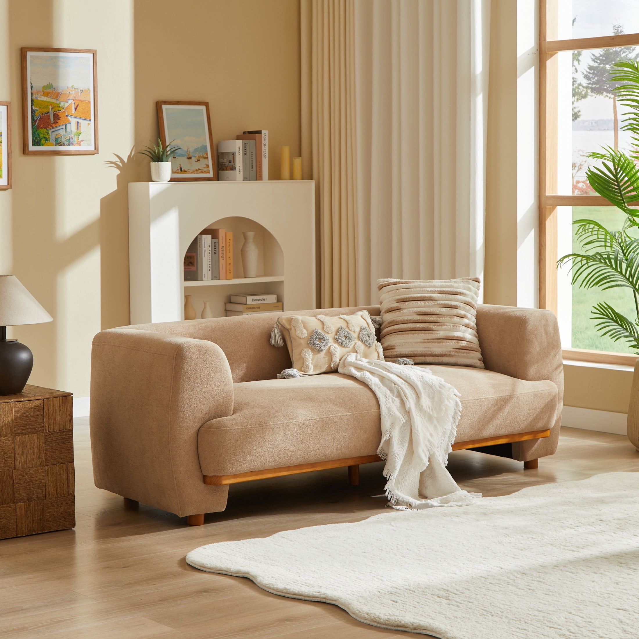 Christopher Knight Home 79 in. 3-Seat Velvet Sofa, Modern Curved Upholstered Couch with Wood Base, Nomad