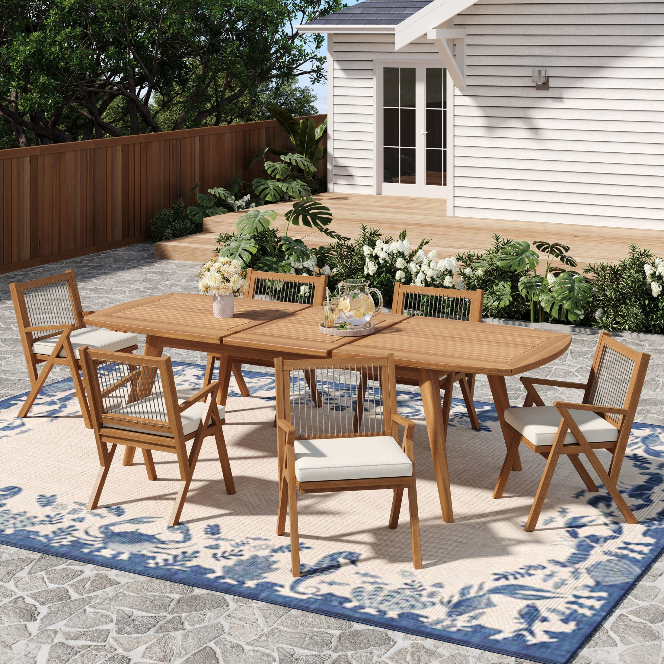 Christopher Knight Home 7PCS Outdoor Dining Set, Expandable Table & Rope Back Patio Chairs with Cushions, Cream+Teak
