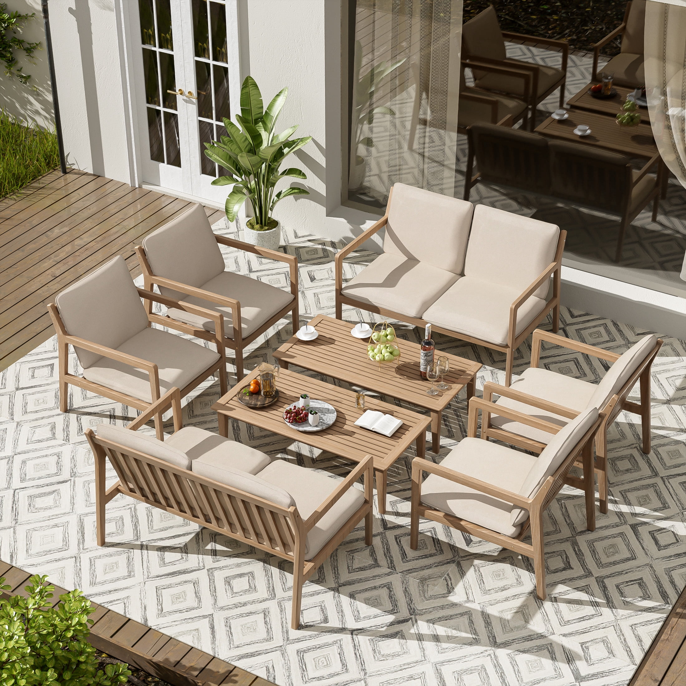 Christopher Knight Home 8-Piece Outdoor Conversation Set, Solid Wood Frame with Beige Cushions, Light Teak