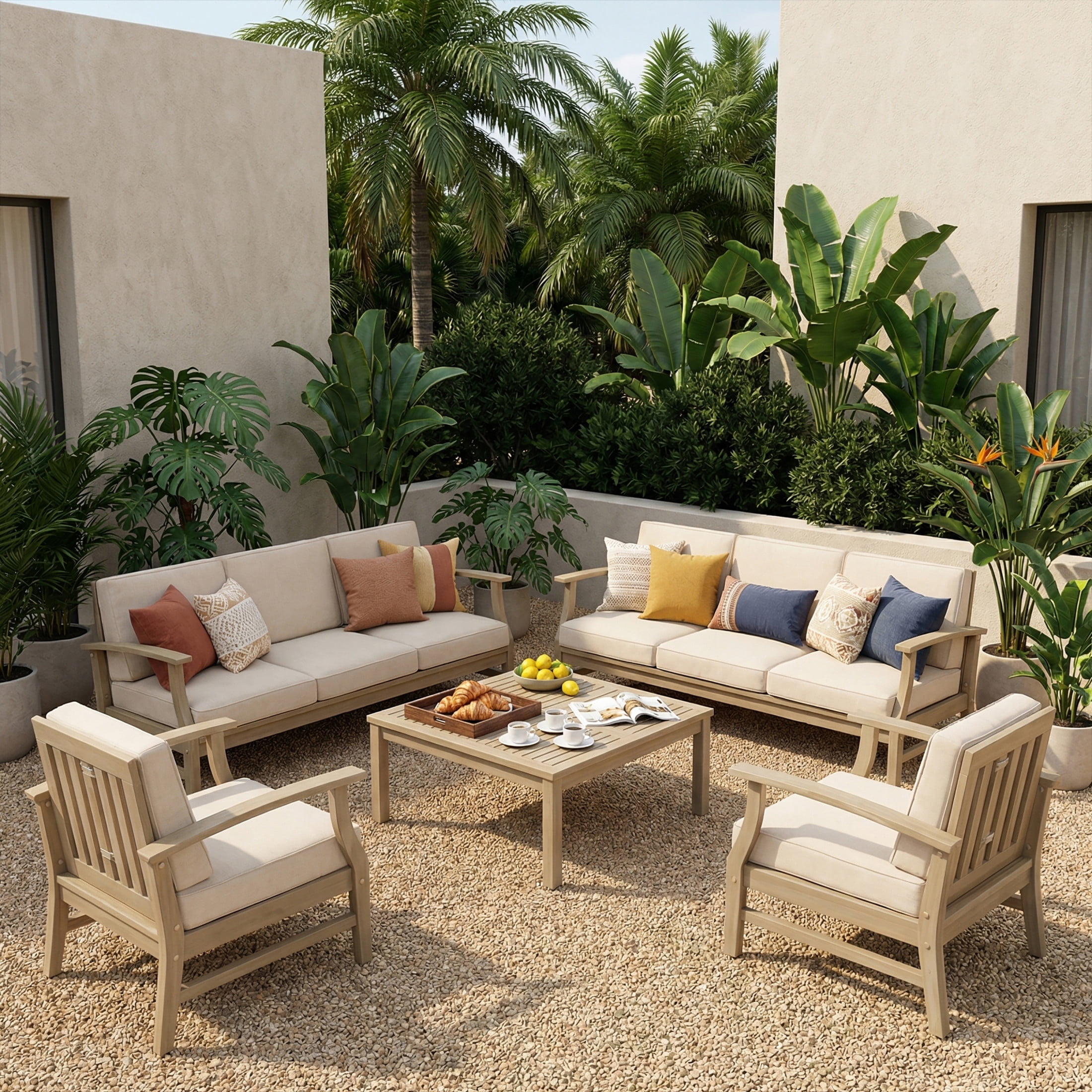 Christopher Knight Home 8-Seater Outdoor Wood Conversation Set with Table, Sand Cushions, Light White Finish