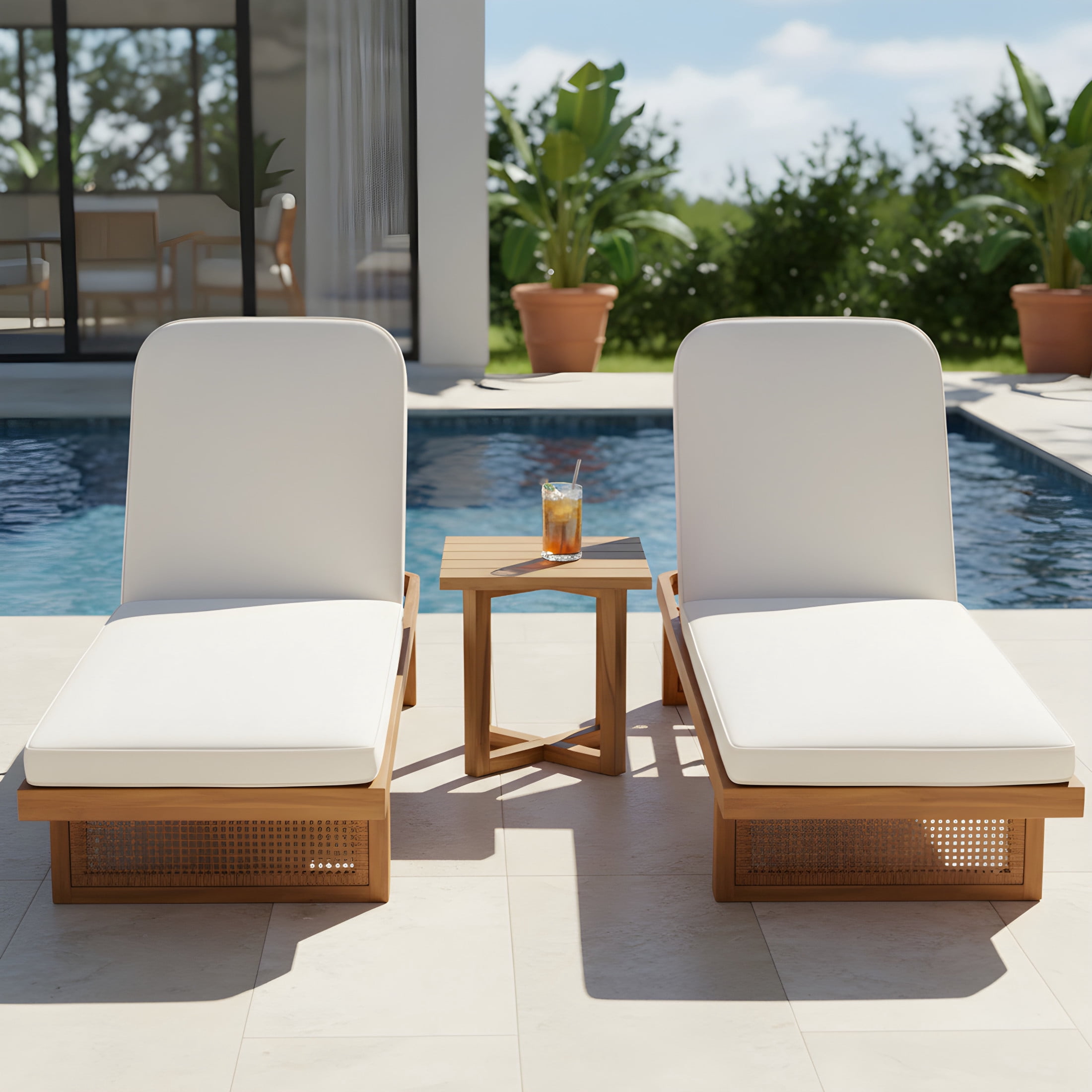 Christopher Knight Home 80.5" Acacia Wood Outdoor Loungers & Rustic Slat Side Table Set, Beige Cushion