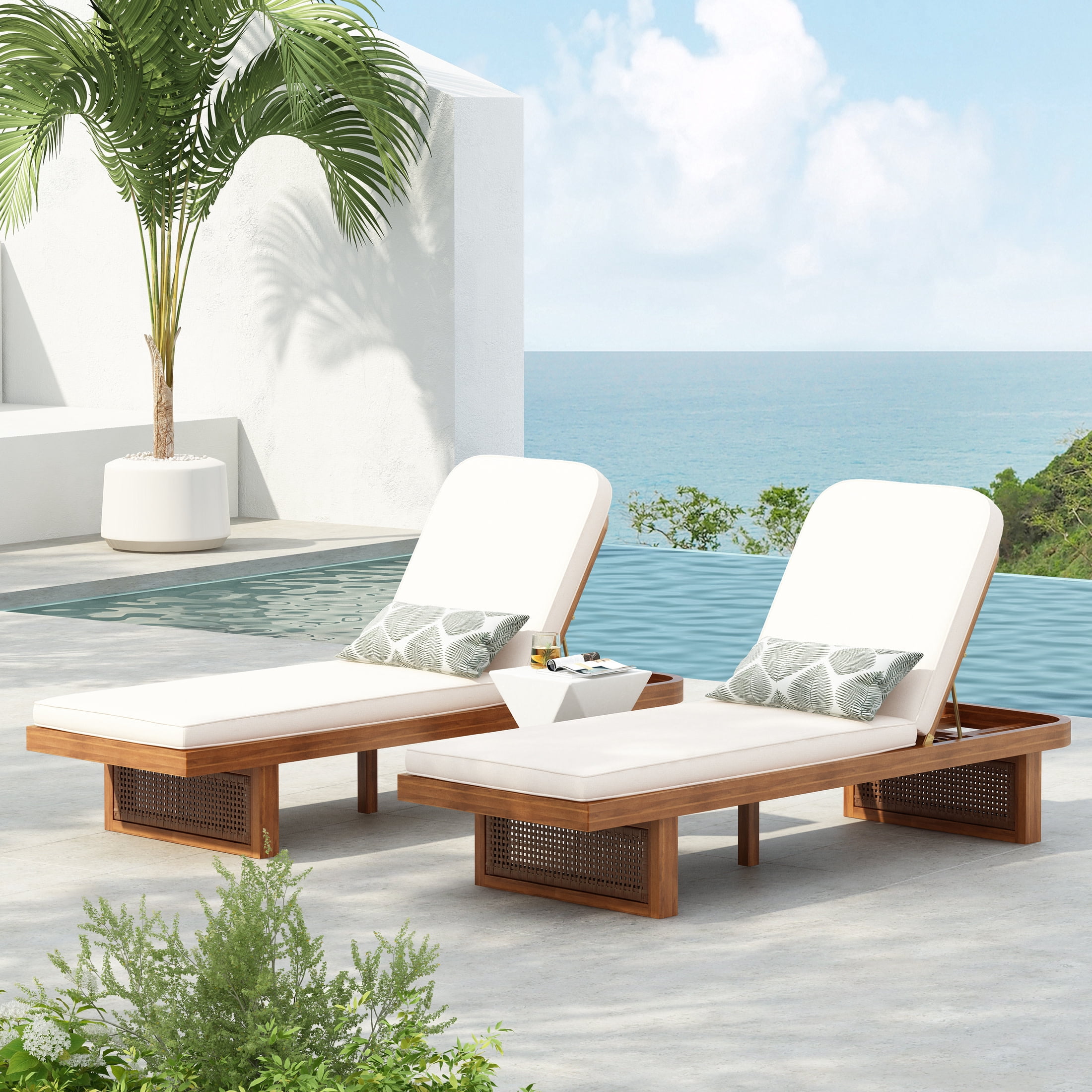 Christopher Knight Home 80.5" Outdoor Lounge Chair, Wood Frame with PE Rattan Accents, White Cushion, Natural, Set of 2
