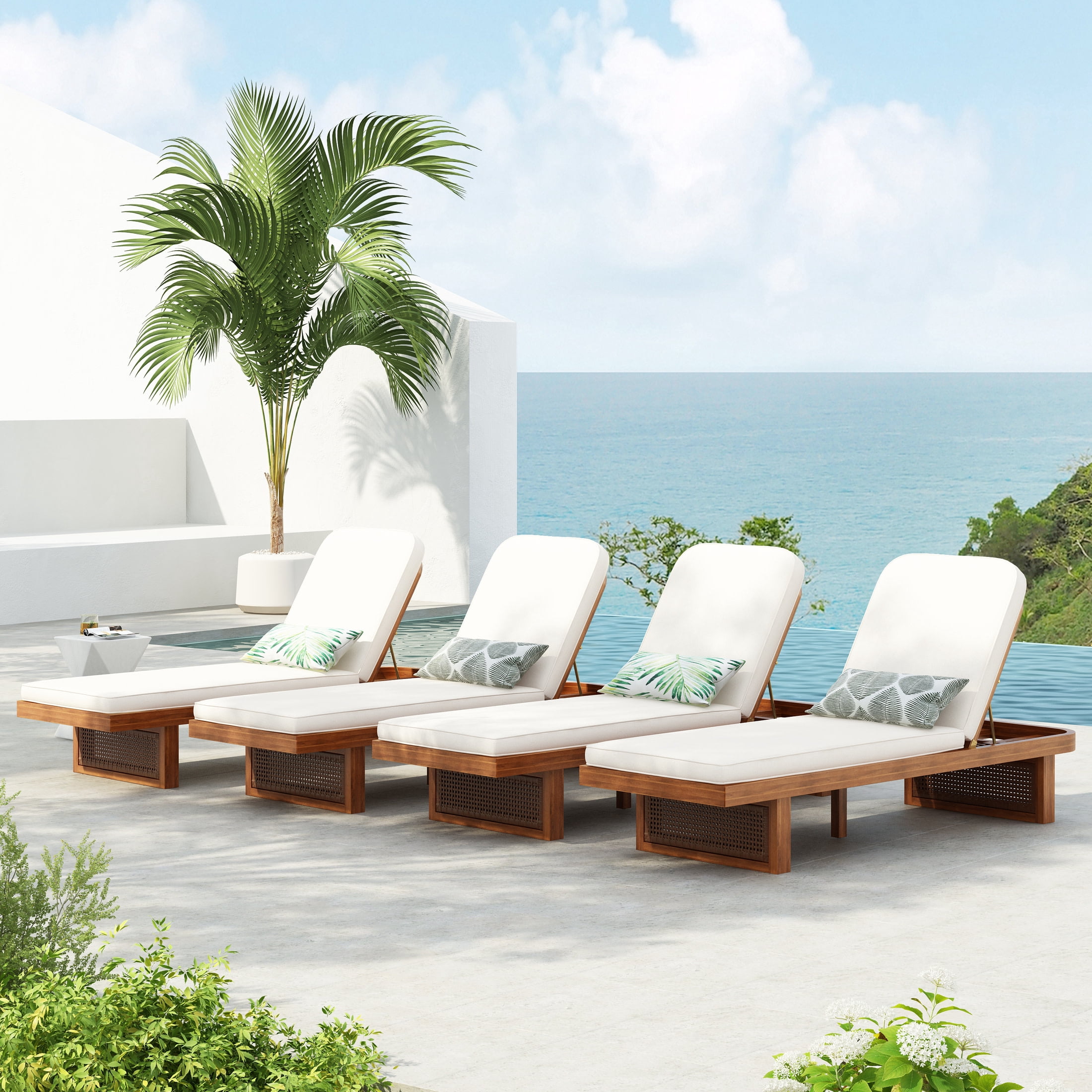 Christopher Knight Home 80.5" Outdoor Lounge Chair, Wood Frame with PE Rattan Accents, White Cushion, Natural, Set of 4