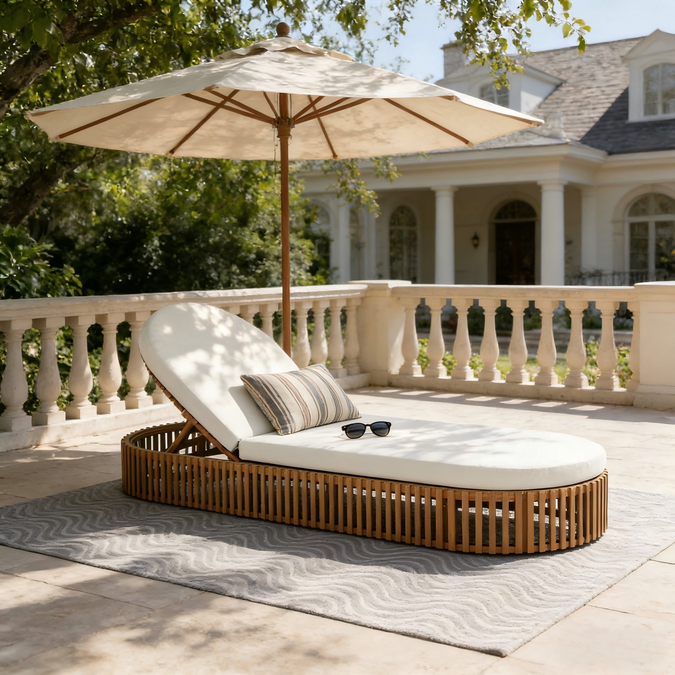 Christopher Knight Home 80.8" L Outdoor Chaise Lounge with Curved Cushion, Teak and Cream