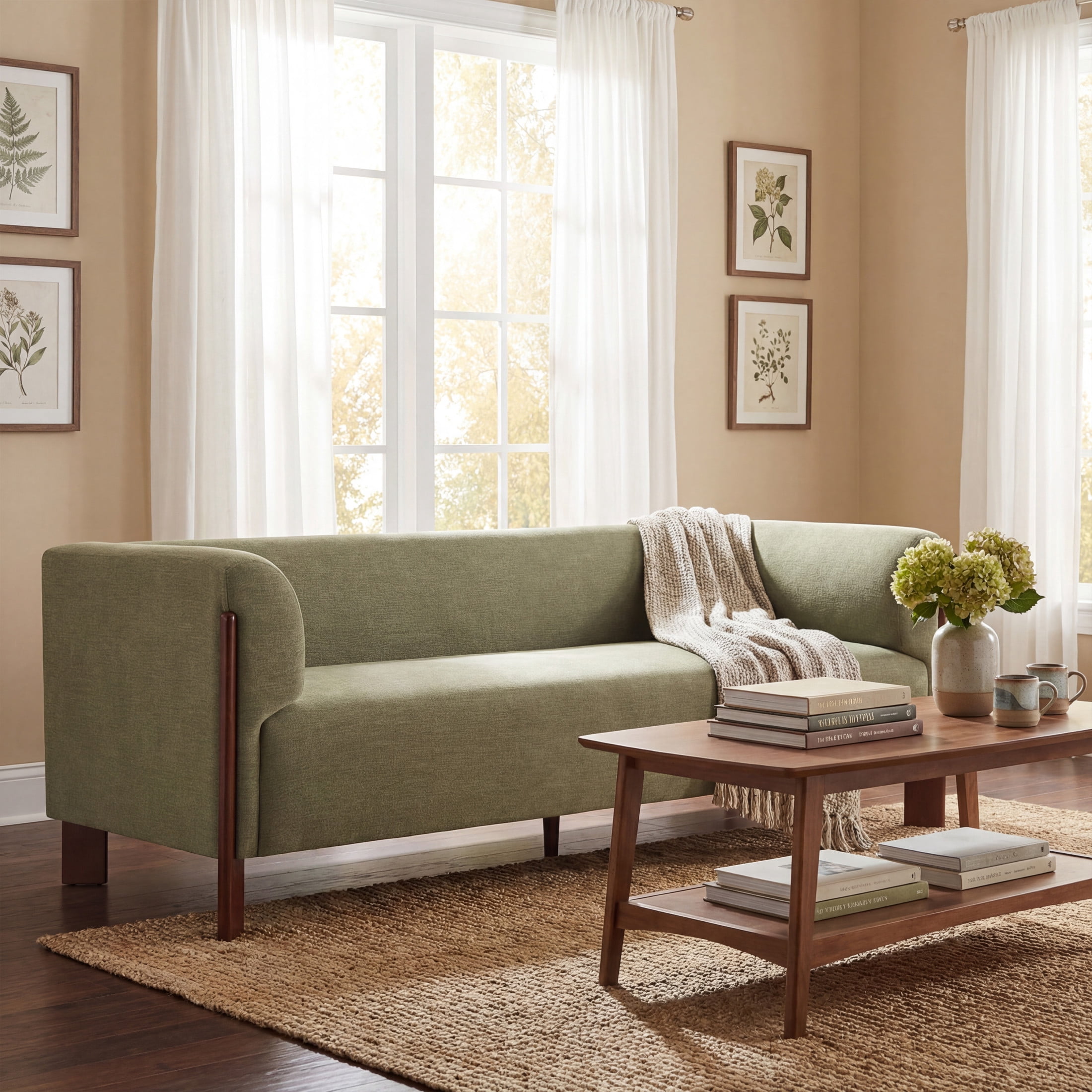 Christopher Knight Home 80" Modern Upholstered Sofa, 3 Seats Tuxedo Arms with Wood Leg, Olive Green