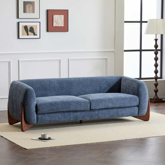 Christopher Knight Home 82" Boucle Sofa, 3-Seater Faux Sherpa Couch with Wood Legs & Curved Design, Navy Blue