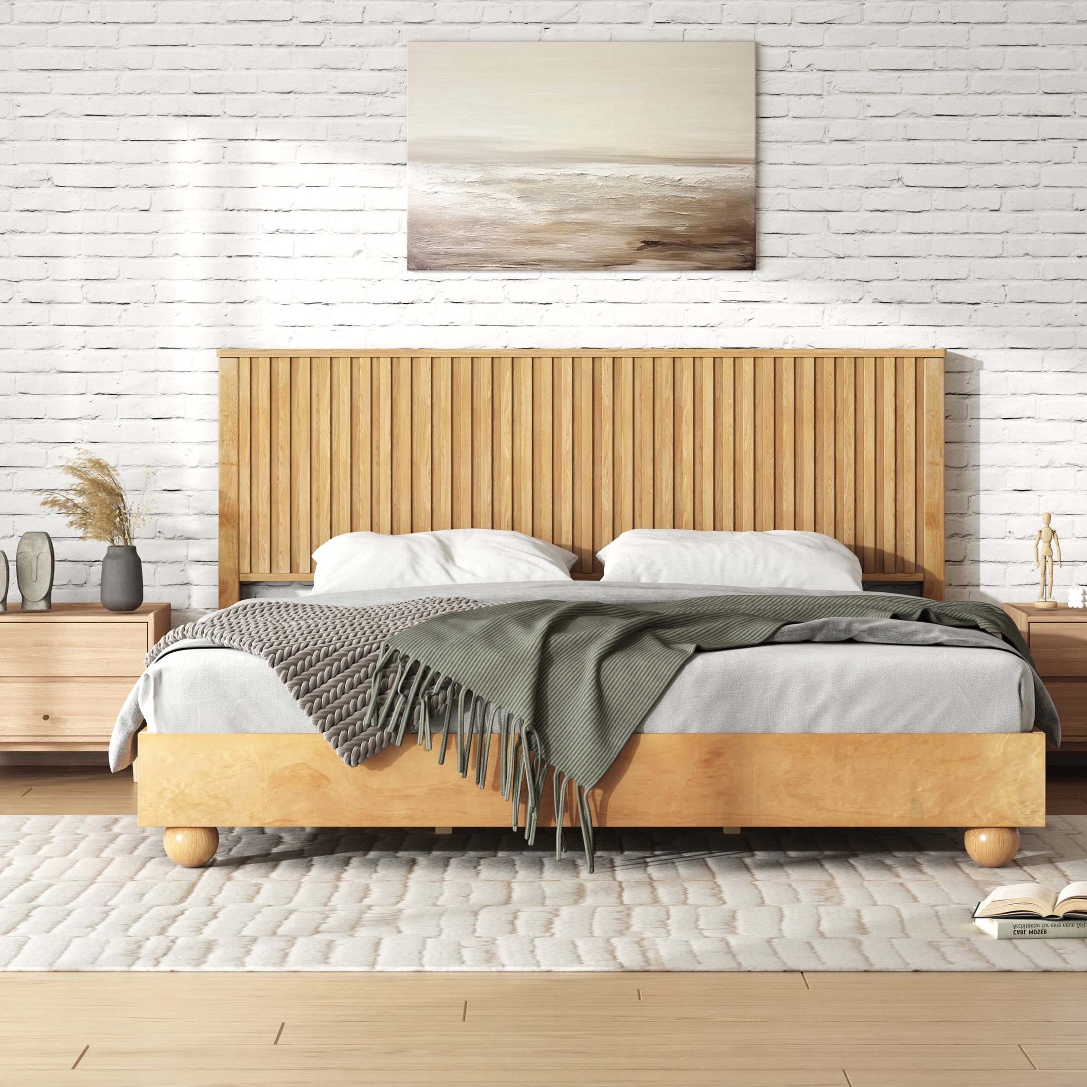 Christopher Knight Home 83.4" King Size Platform Bed Frame with Reeded Headboard, Solid Wood, Natural