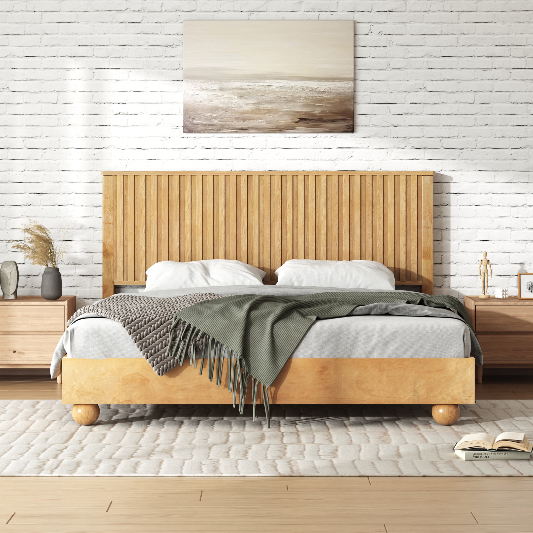 Christopher Knight Home 83.4" Queen Size Platform Bed Frame with Reeded Headboard, Solid Wood, Natural