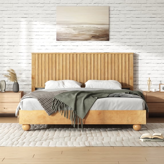 Christopher Knight Home 83.4" Queen Size Platform Bed Frame with Reeded Headboard, Solid Wood, Natural