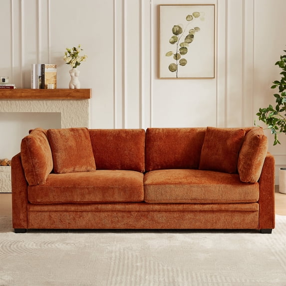 Christopher Knight Home 83.5" Modern 3-Seater Sofa with Flared Arms and Pillows, Chenille Upholstery, Caramel