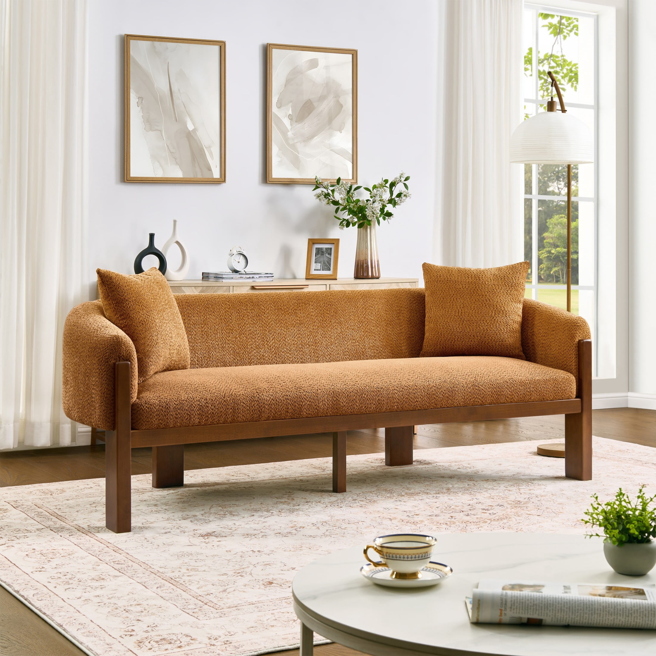 Christopher Knight Home 84.5" Modern Boucle Sofa with Throw Pillows, Seats 3, Wood Legs, Caramel