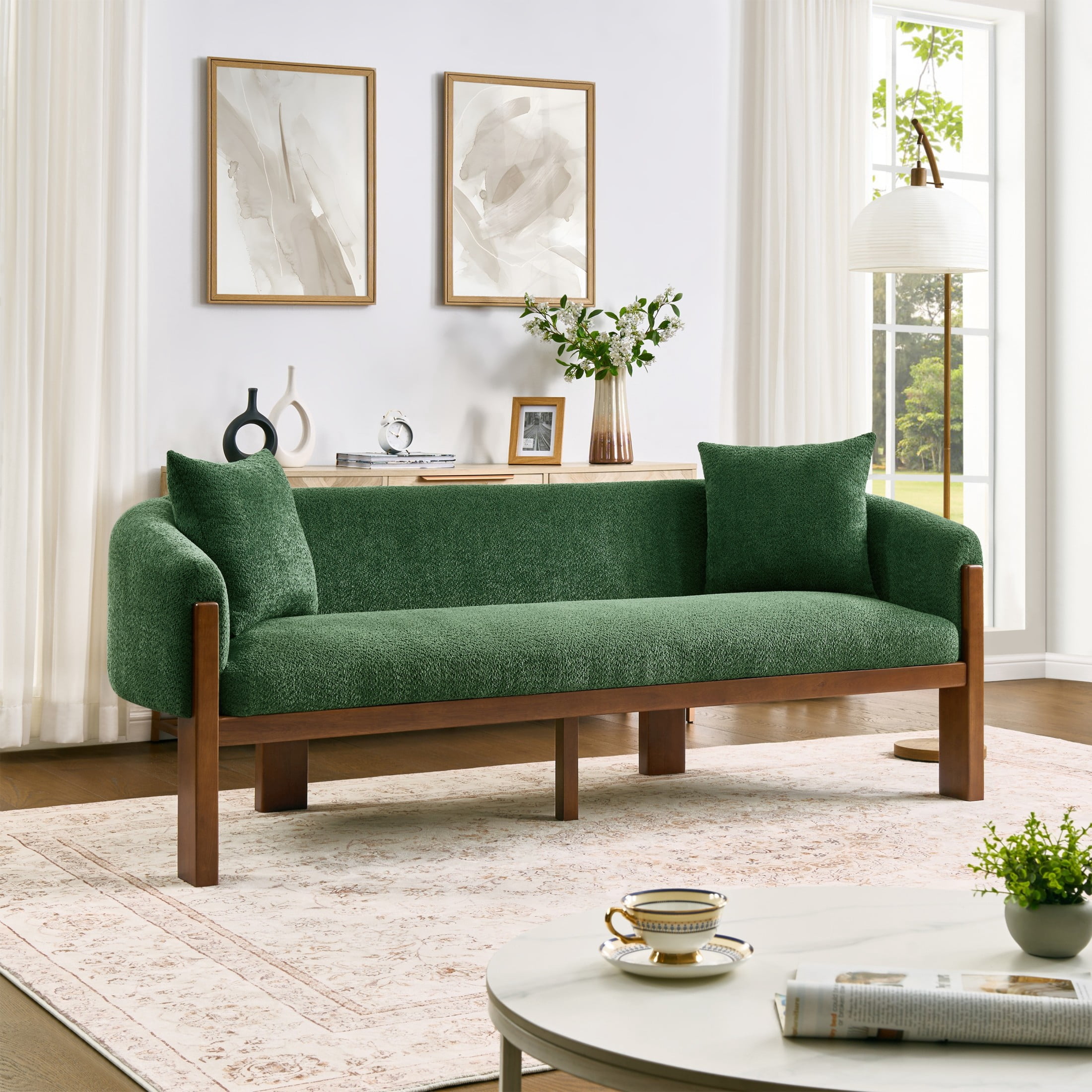 Christopher Knight Home 84.5" Modern Boucle Sofa with Throw Pillows, Seats 3, Wood Legs, Green