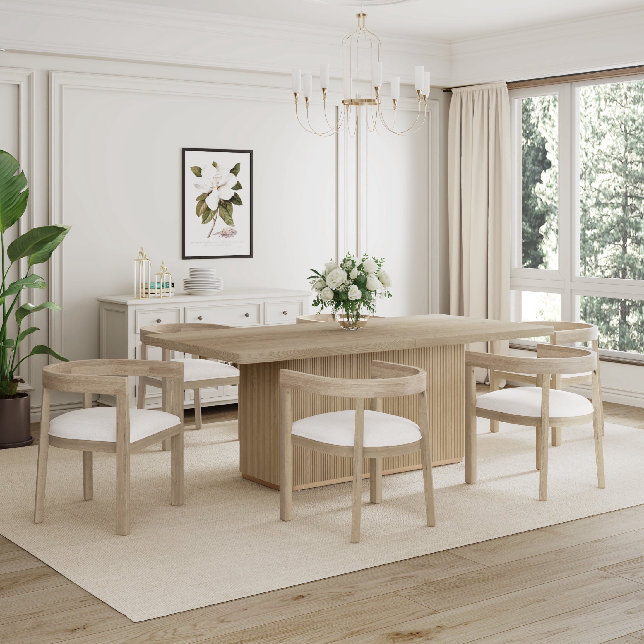 Christopher Knight Home 84" Dining Table Set for 6-8, Rectangular Wood Table with Beige Upholstered Chairs