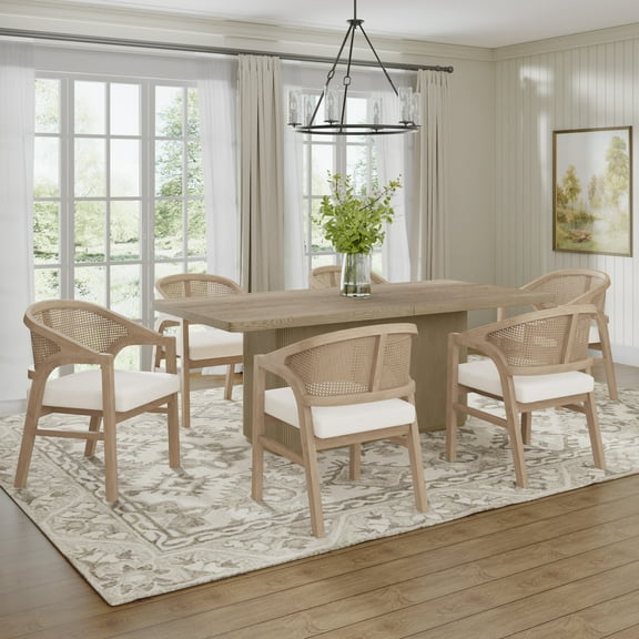 Christopher Knight Home 84" Dining Table Set for 6, Rectangle Wood Table with Rattan Back Chairs and Cushions