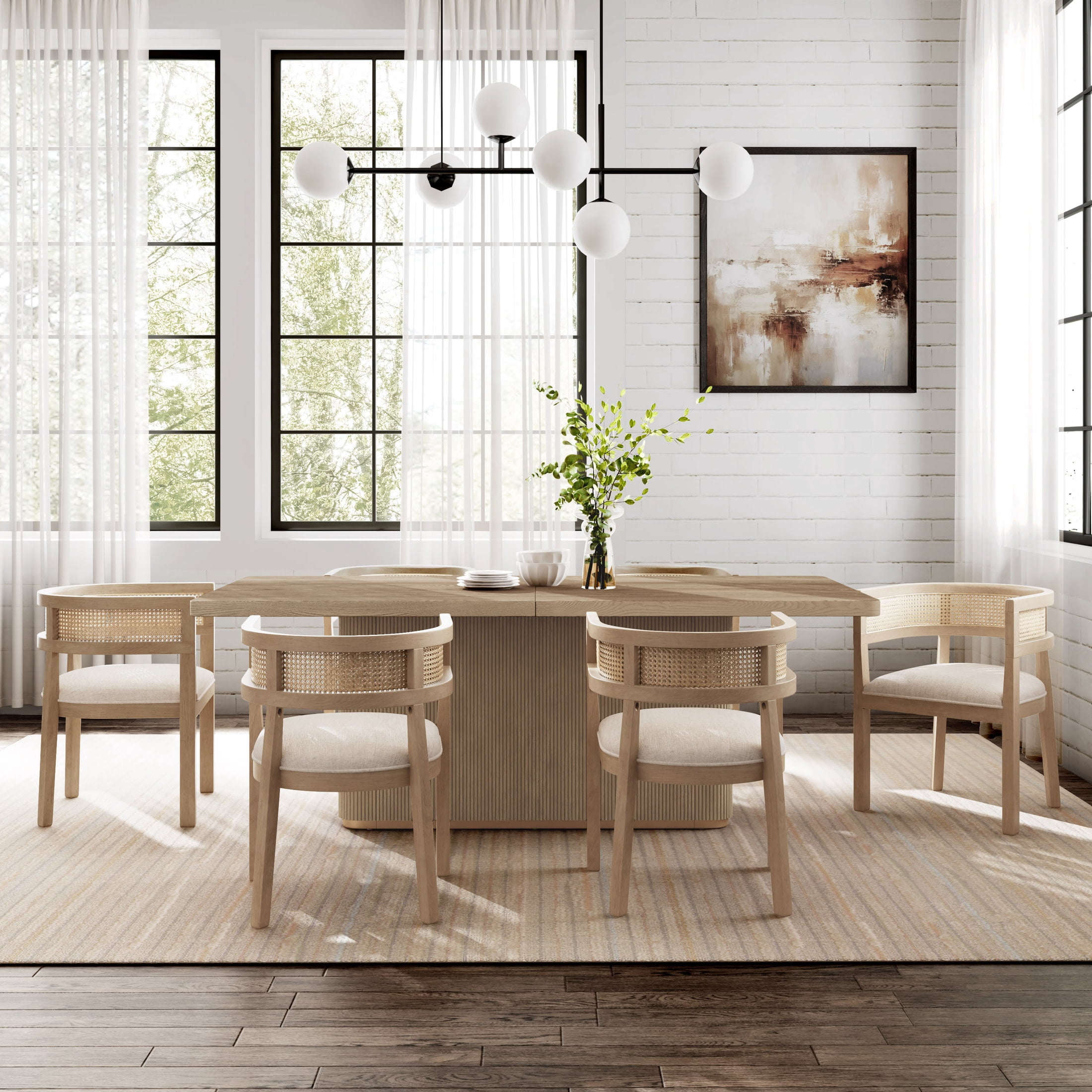 Christopher Knight Home 84" Dining Table Set for 6, Rectangle Wood Table with Upholstered Cane Back Chairs