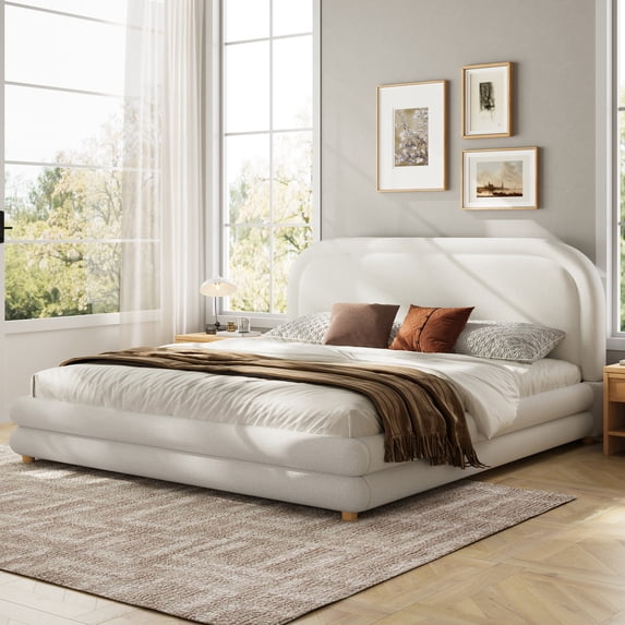Christopher Knight Home 88" King Size Bed Frame, Boucle Upholstery with Thick Curved Headboard, White
