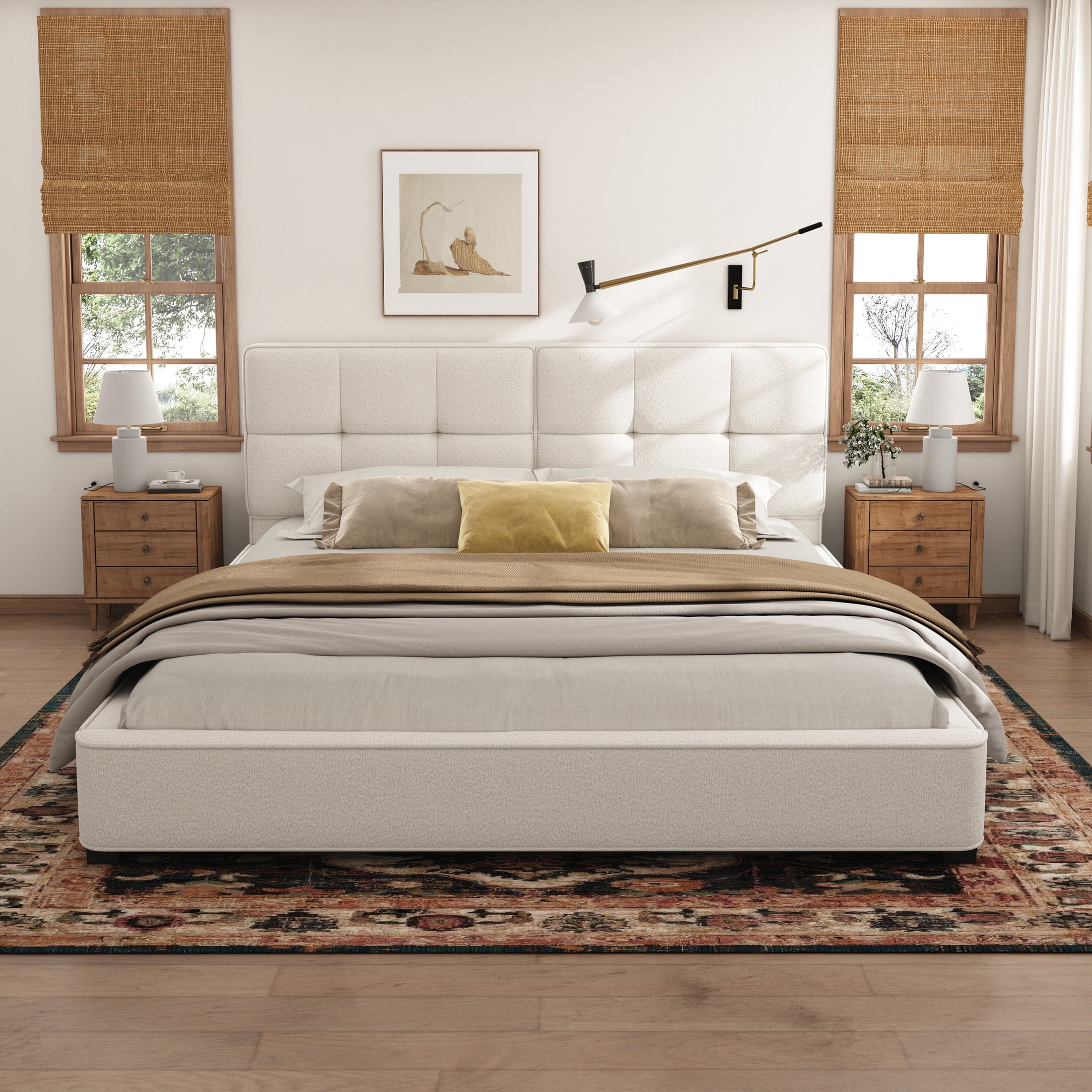Christopher Knight Home 85.8" King Size Bed Frame with Curved Tufted Headboard, Beige Boucle Upholstery