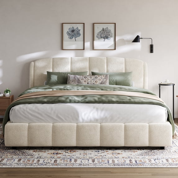 Christopher Knight Home 87.75" King Size Bed Frame with Curved-Shaped Headboard, Beige Boucle Upholstery