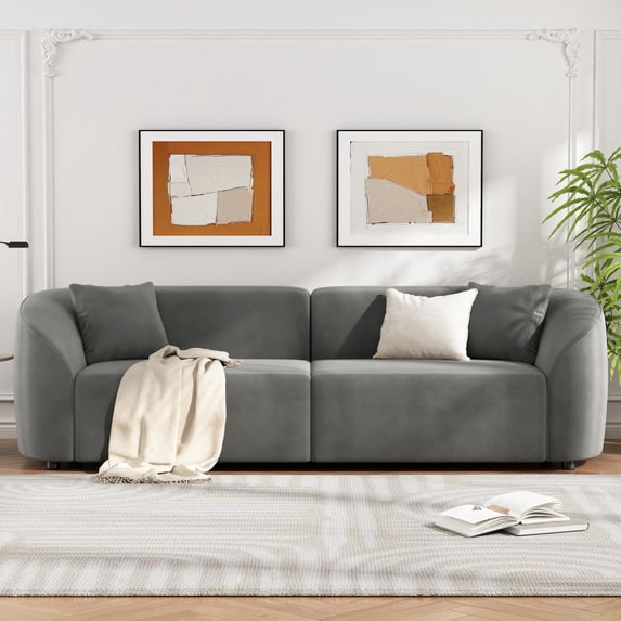 Christopher Knight Home 87" Curved Contemporary Sofa in Plush Seating, Streamlined Design Durable Frame for living Room, Velvet,Gray