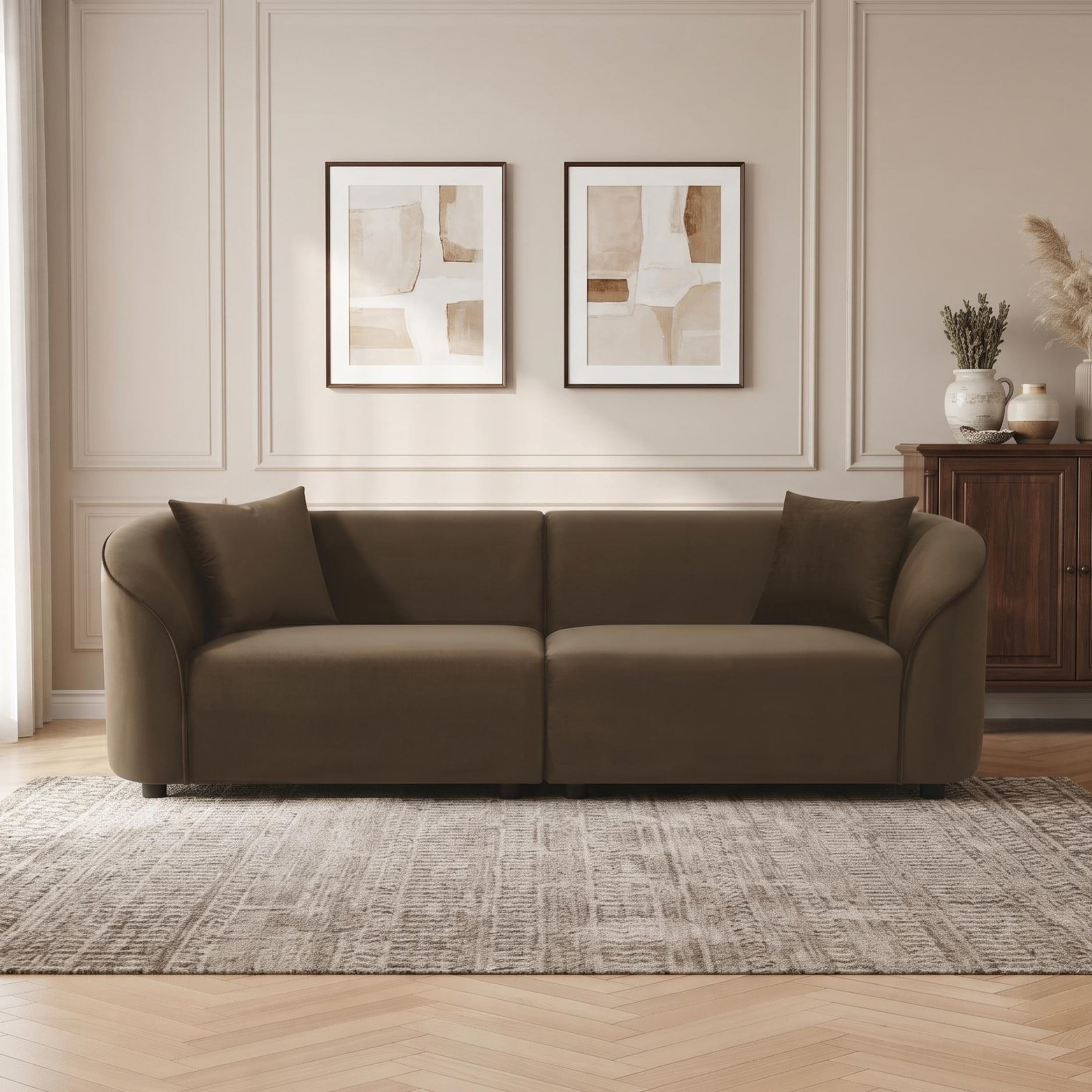 Christopher Knight Home 87" Curved Contemporary Velvet Sofa in Plush Seating, Streamlined Design Durable Frame, Brown
