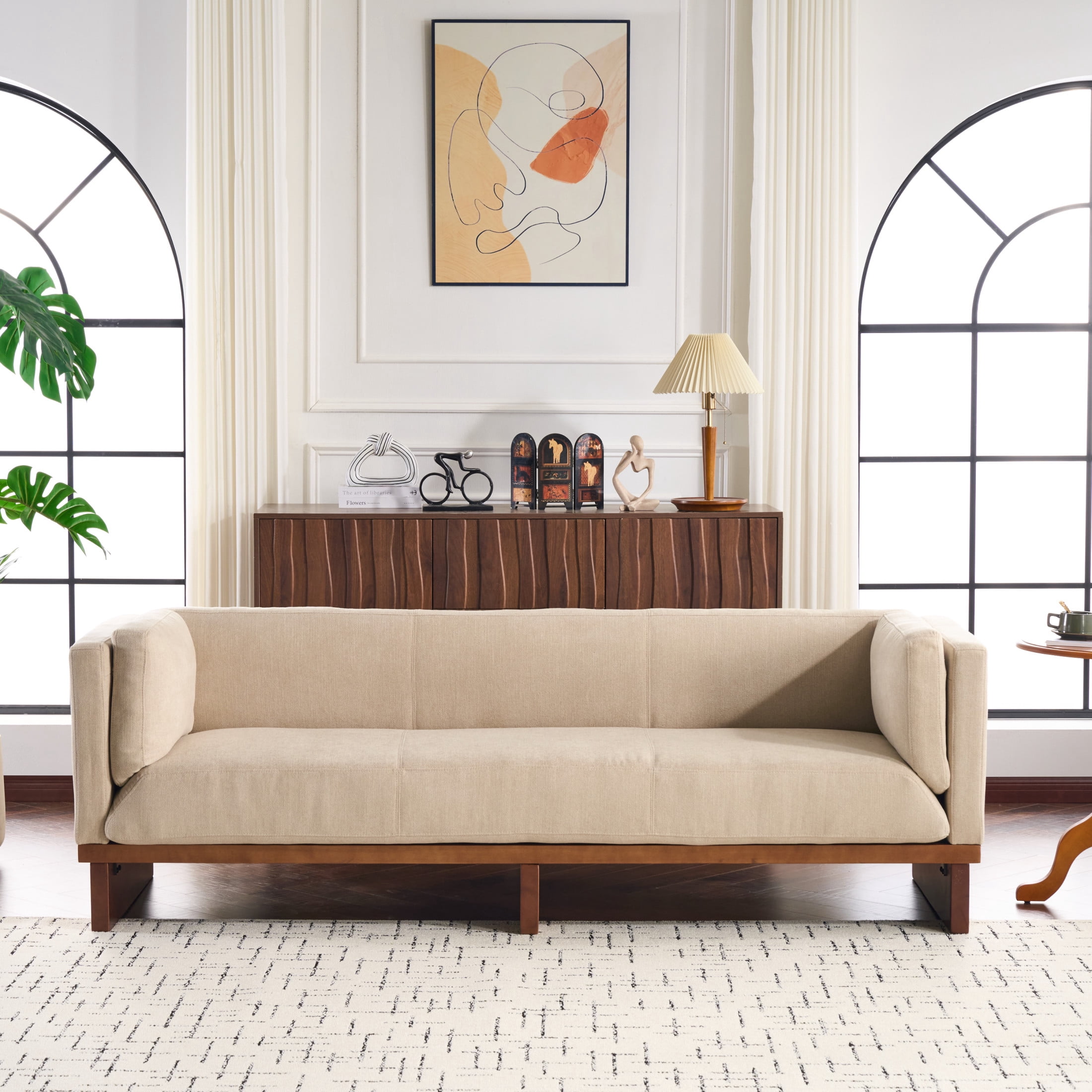Christopher Knight Home 87" Modern 3-Seater Sofa with Square Arms, Solid Wood Frame, Almond