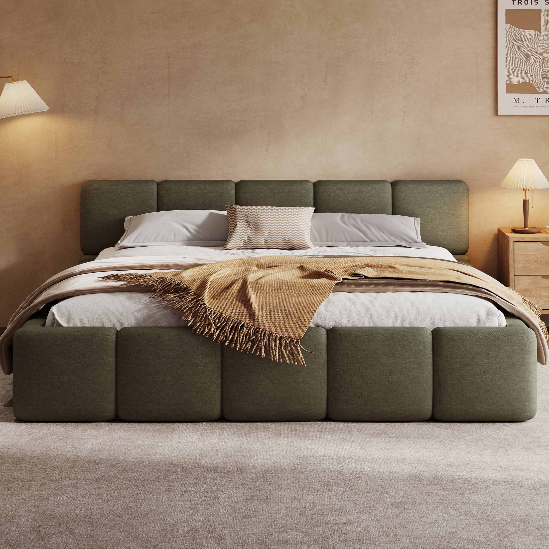 Christopher Knight Home 88.39" King Size Bed Frame, Thick Headboard Footboard, Linen Blend Upholstery, Green