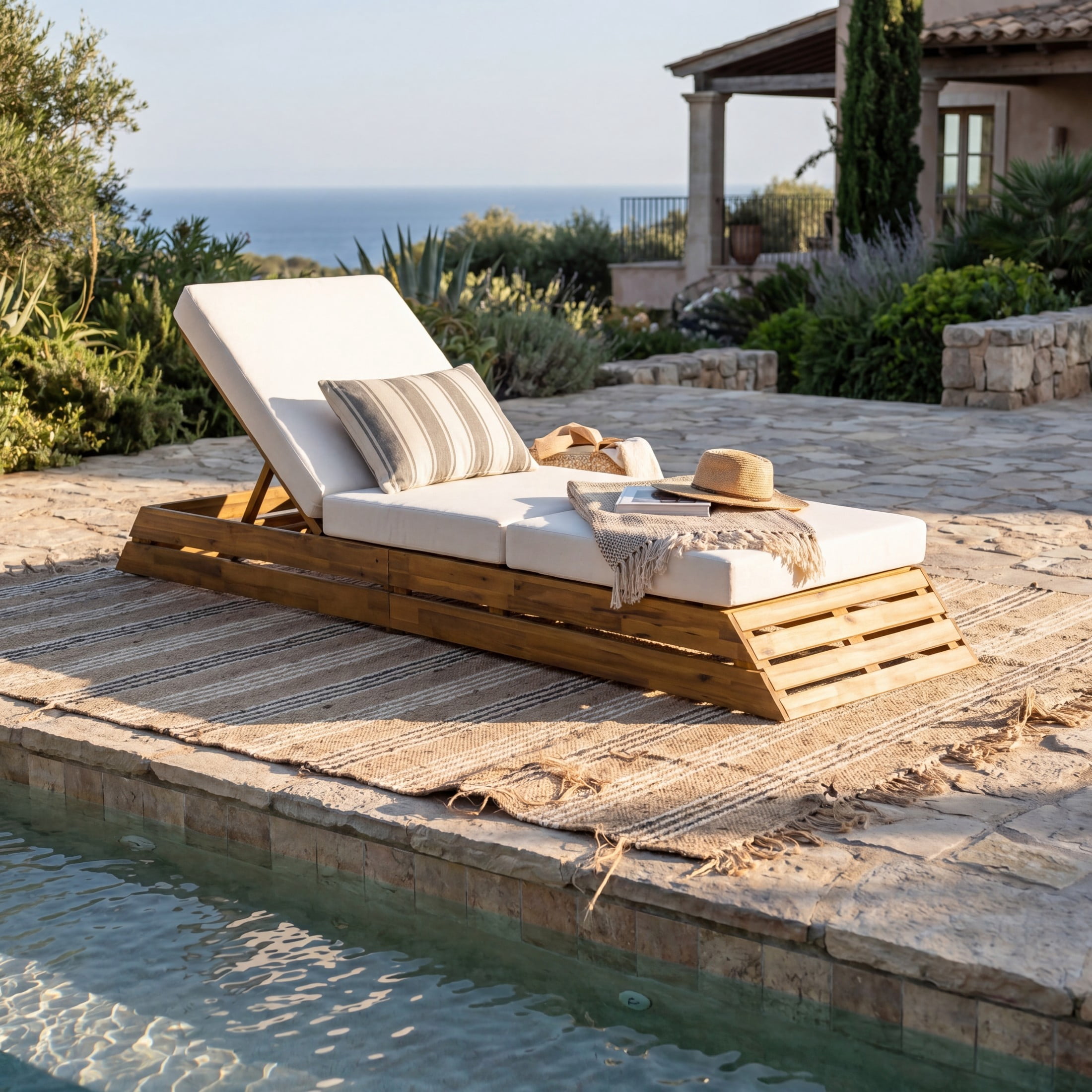 Christopher Knight Home 88.39" Outdoor Chaise Lounge Set with 3-Fold Water-Resistant Cushion, Teak + Cream